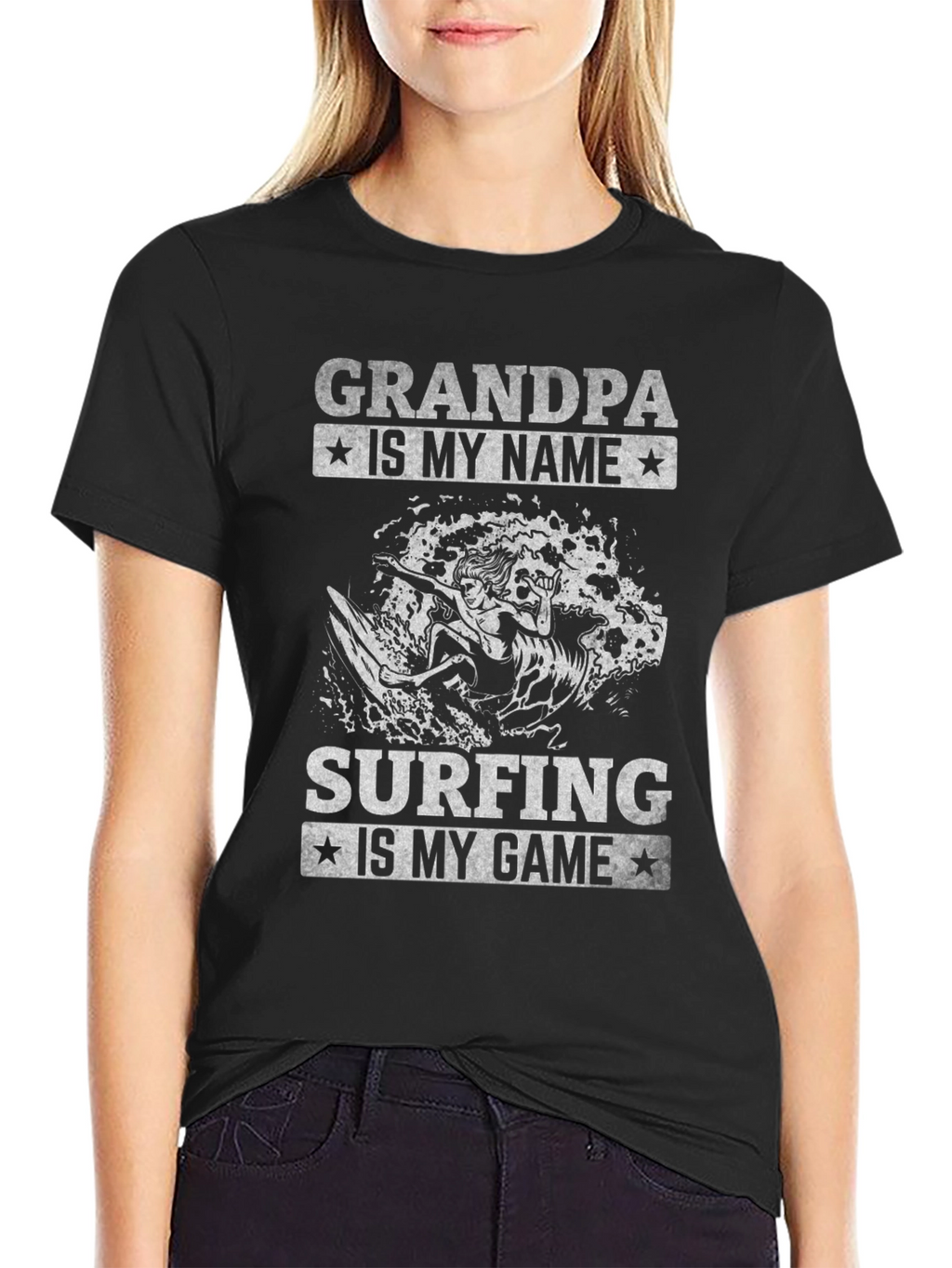 Grandpa Surfing T-Shirt - Black Graphic Tee