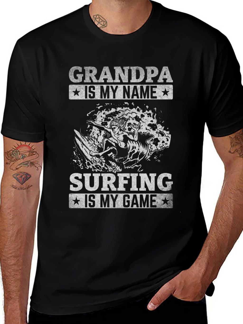 Grandpa Surfing T-Shirt - Black Graphic Tee