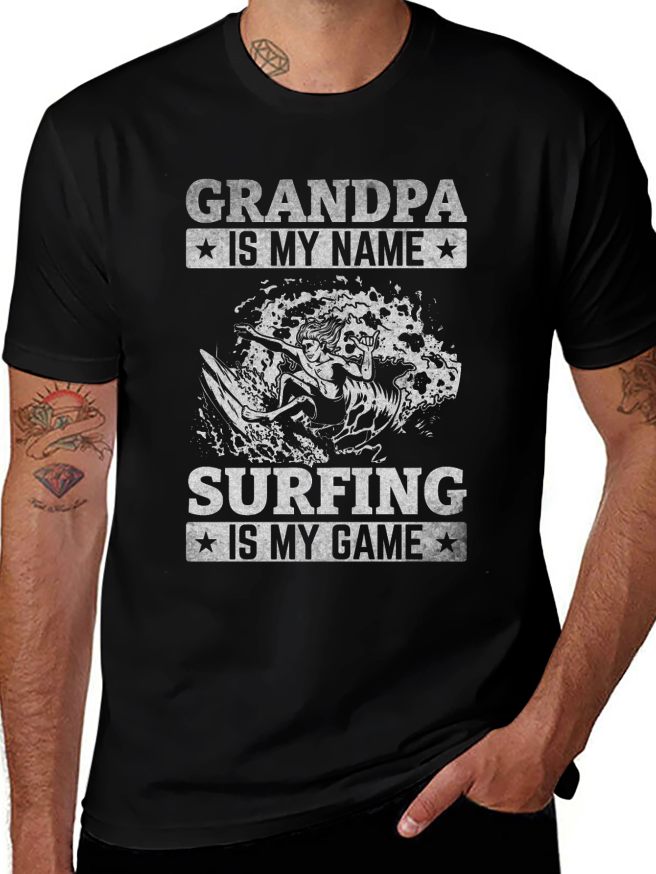 Grandpa Surfing T-Shirt - Black Graphic Tee