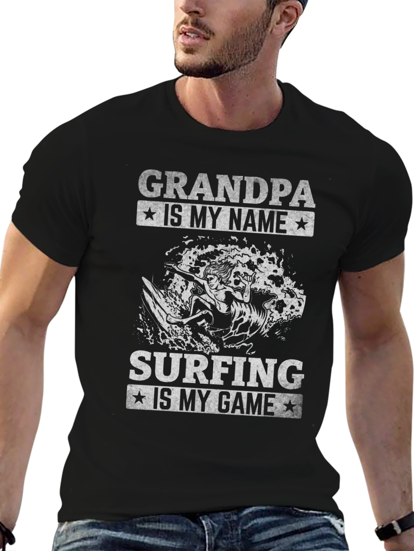 Grandpa Surfing T-Shirt - Black Graphic Tee