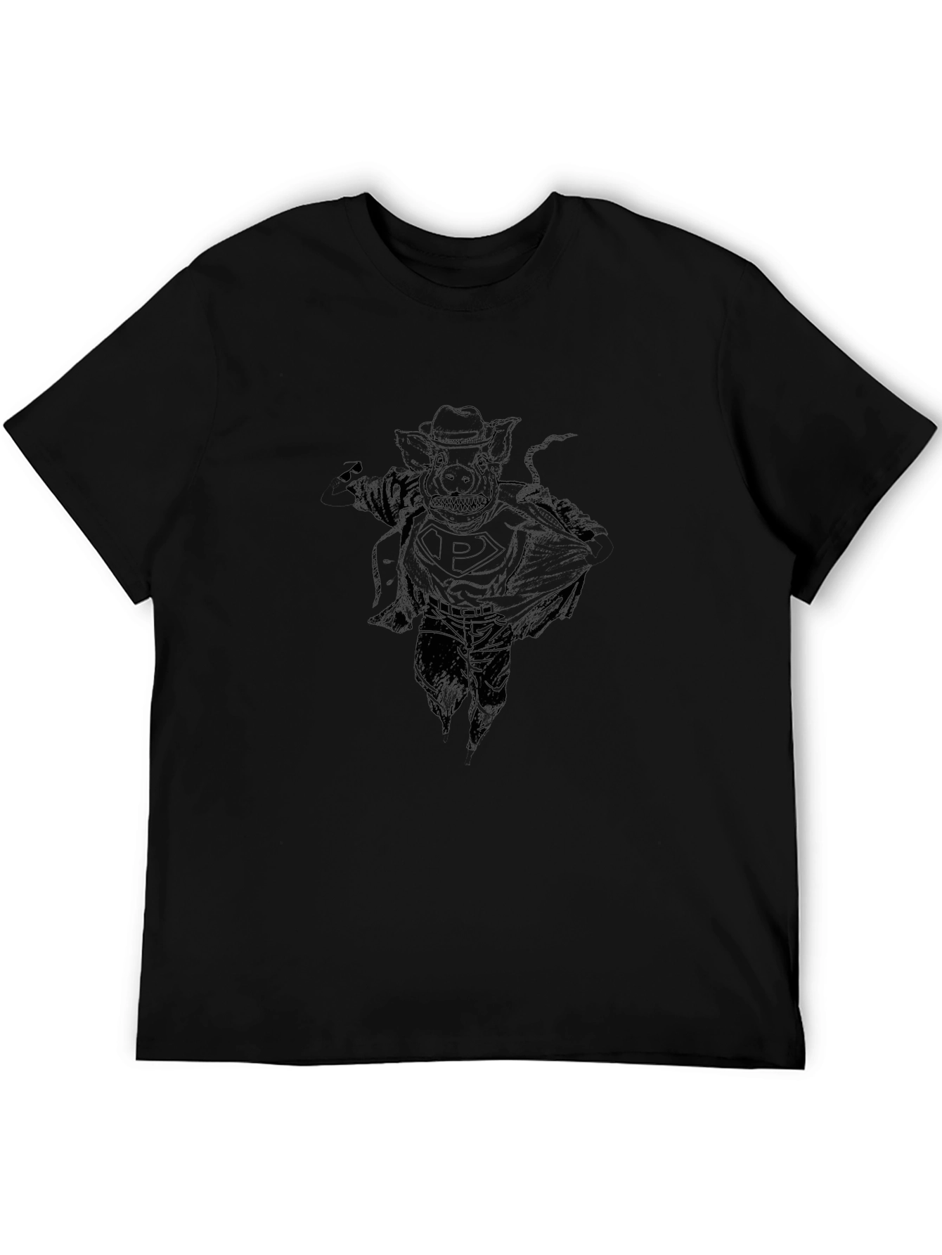 Black Graphic Tee - Pig Superhero Design