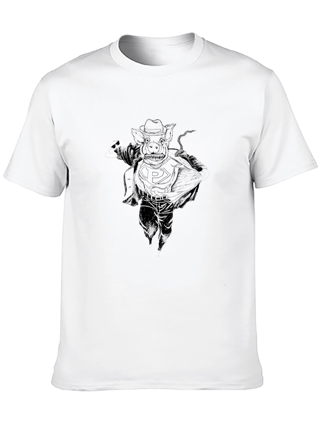 Black Graphic Tee - Pig Superhero Design