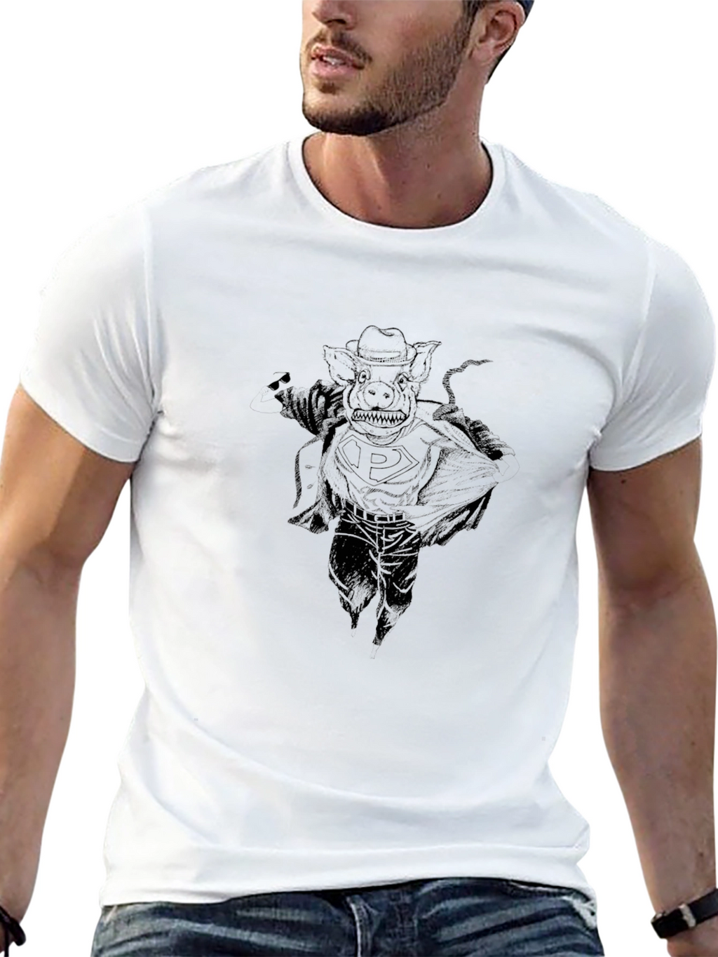 Black Graphic Tee - Pig Superhero Design