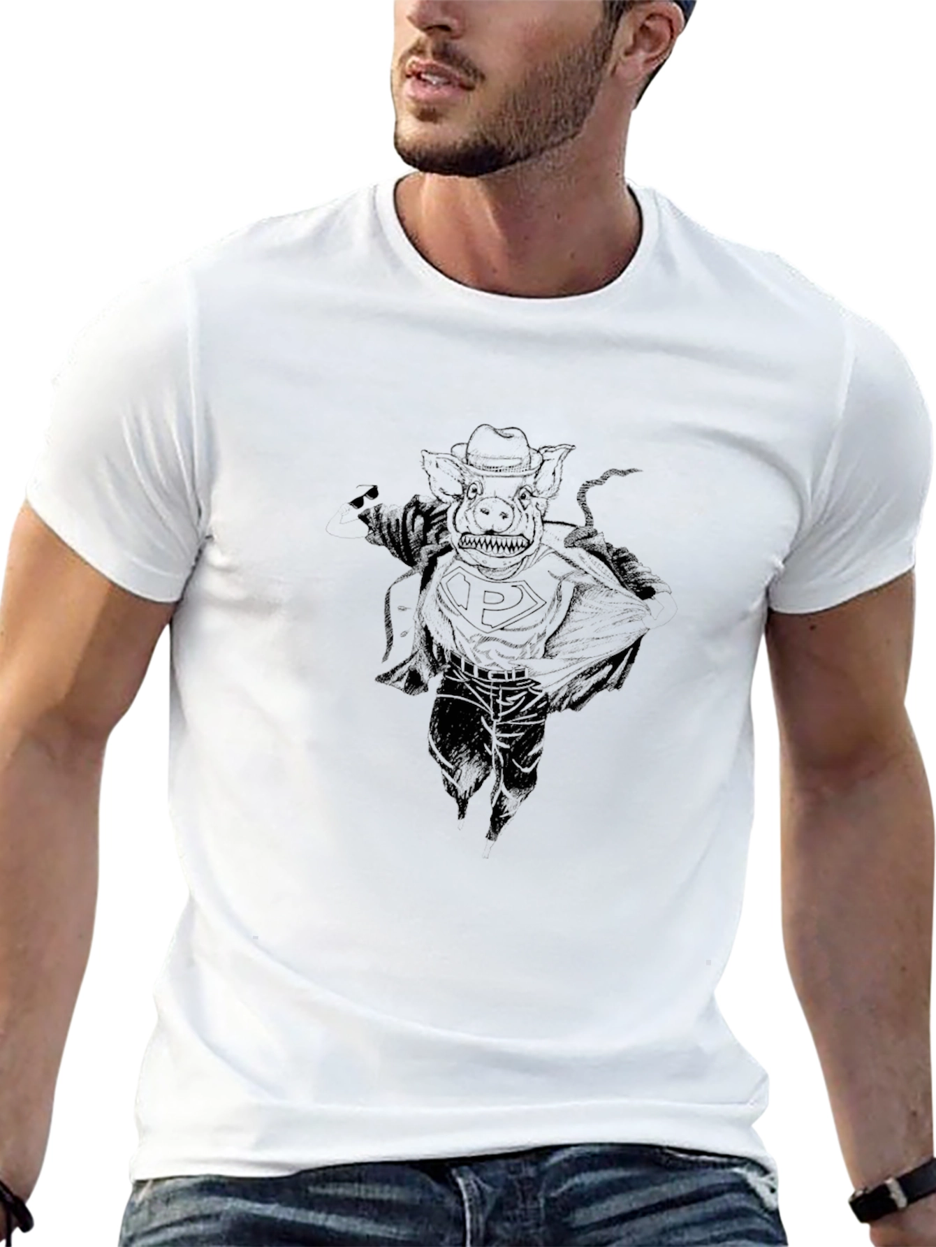 Black Graphic Tee - Pig Superhero Design