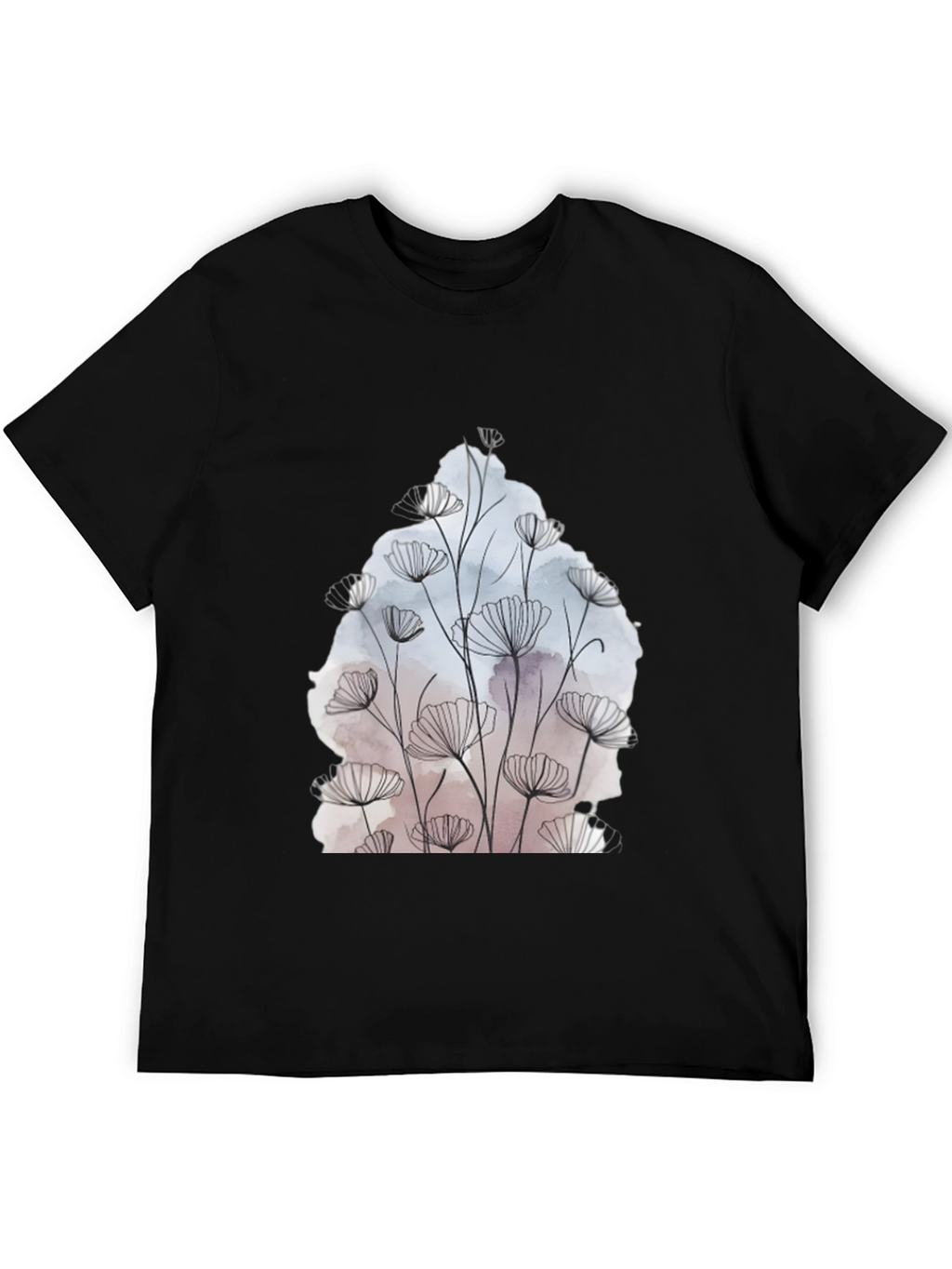 Floral Line Art Graphic Black T-Shirt
