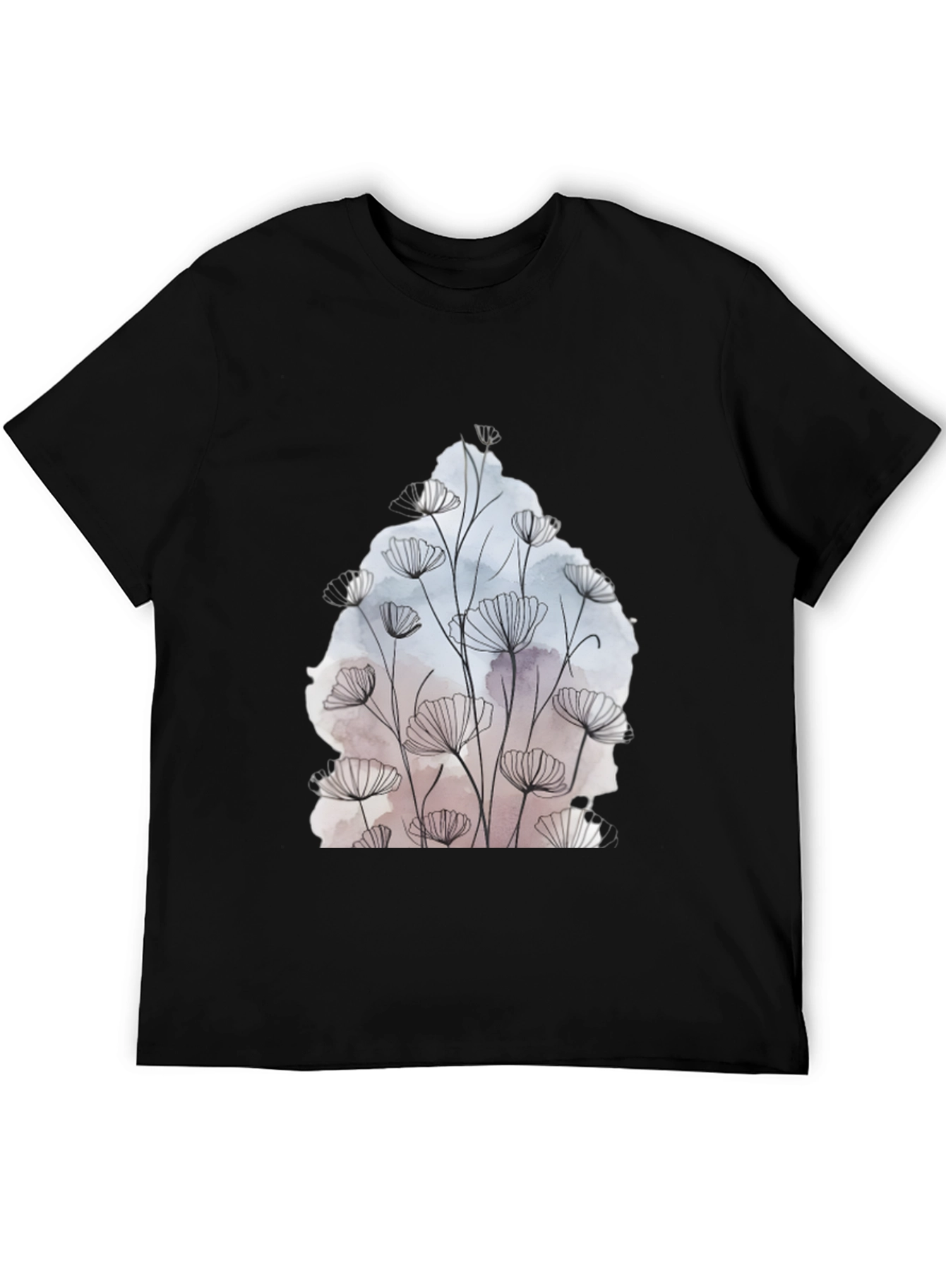 Floral Line Art Graphic Black T-Shirt