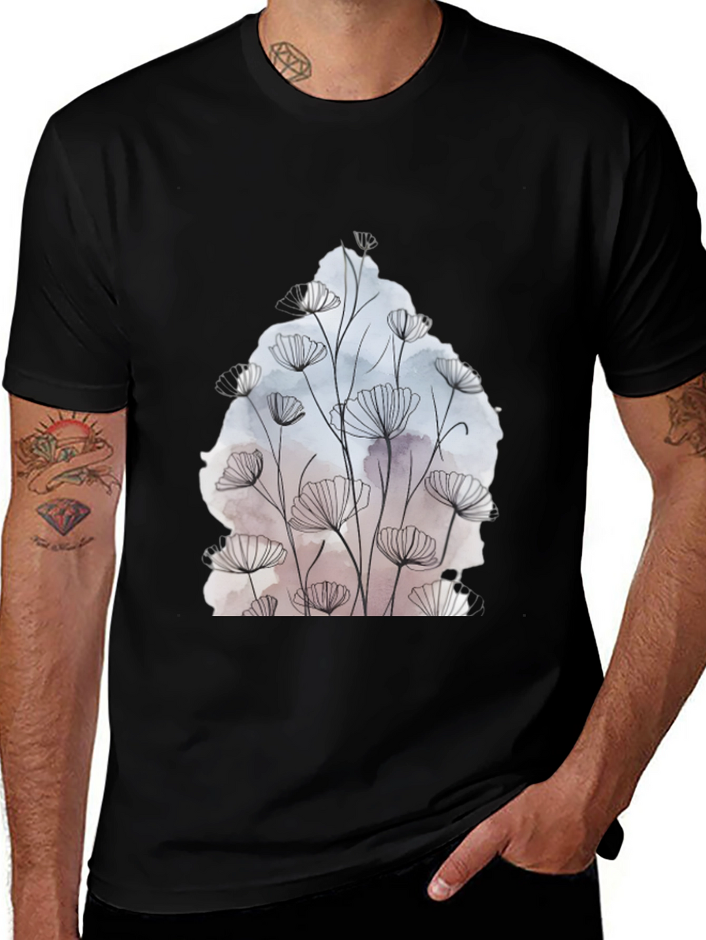 Floral Line Art Graphic Black T-Shirt