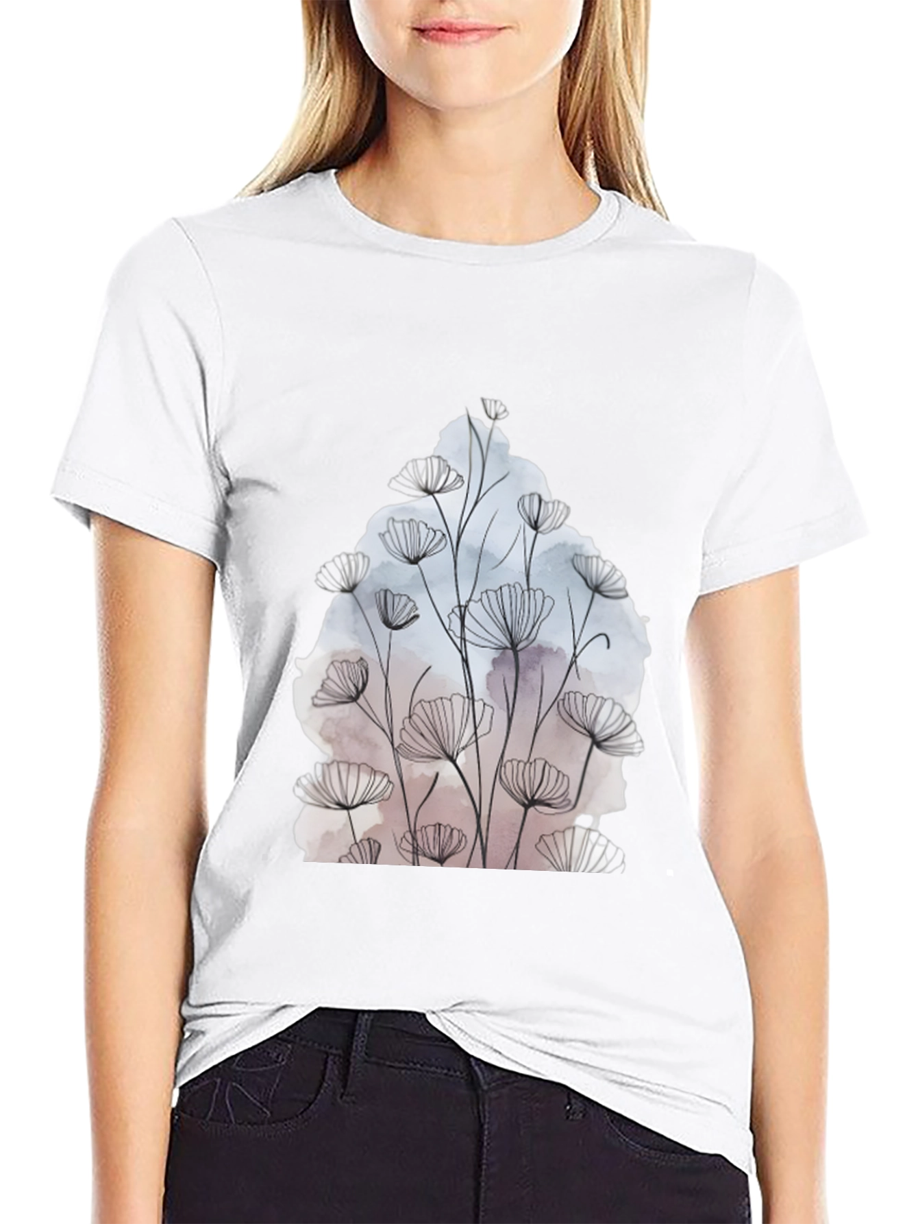 Floral Line Art Graphic Black T-Shirt