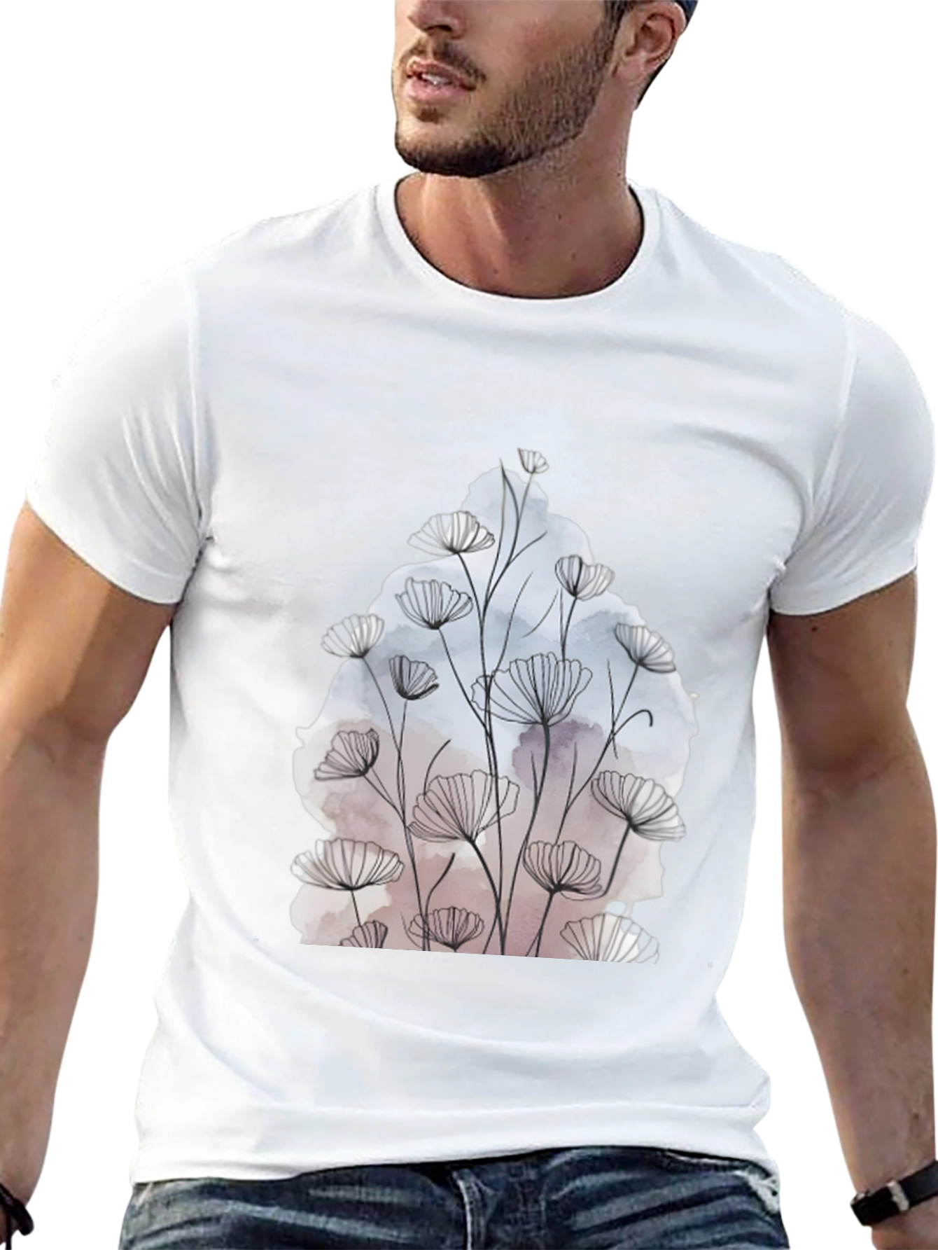 Floral Line Art Graphic Black T-Shirt