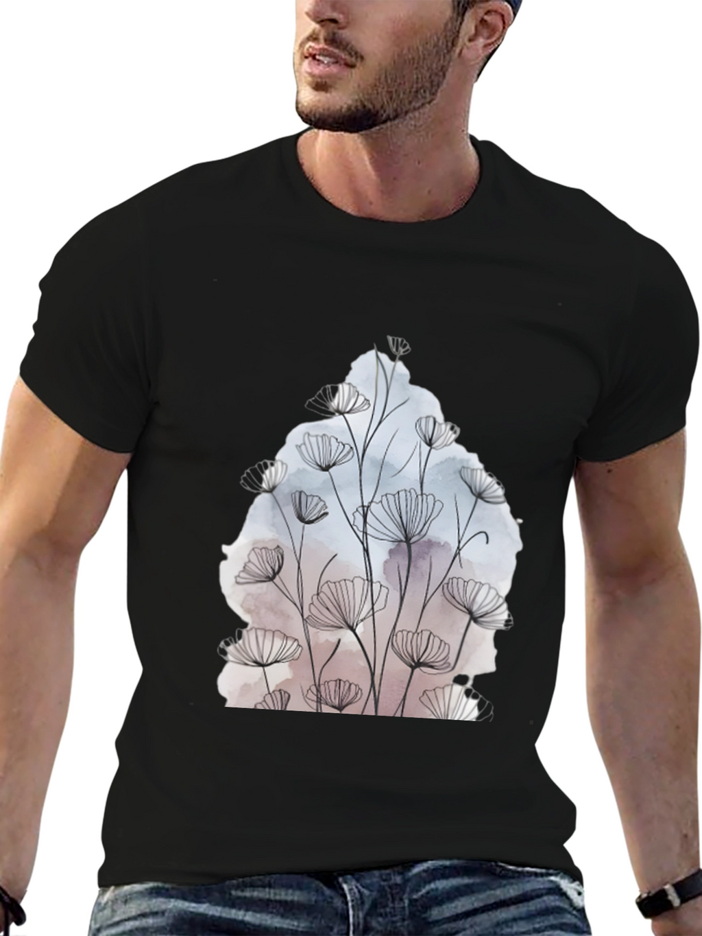 Floral Line Art Graphic Black T-Shirt