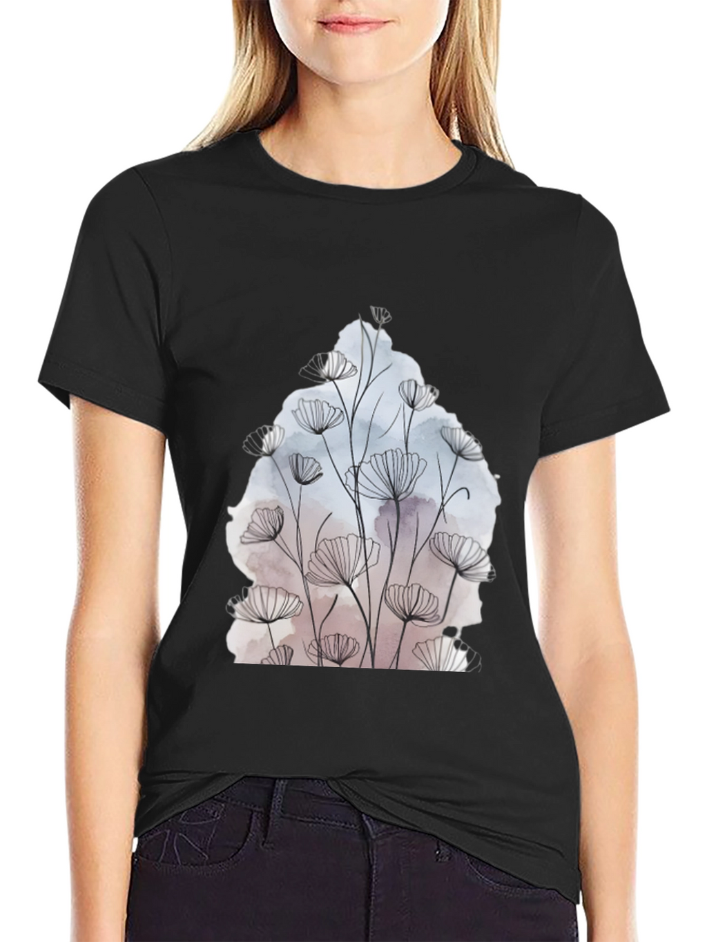 Floral Line Art Graphic Black T-Shirt