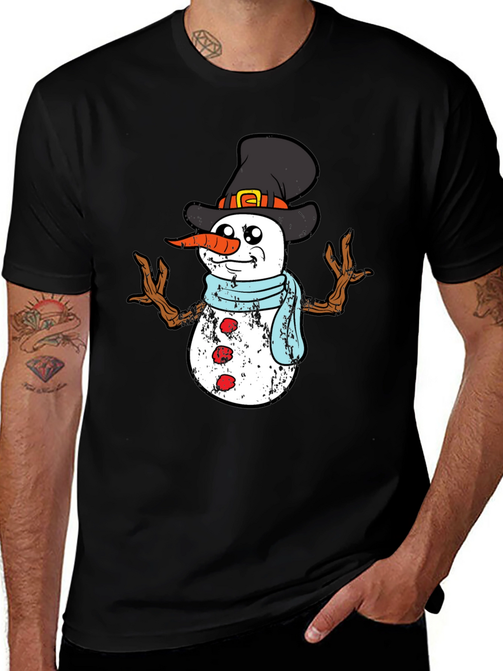 Festive Snowman Graphic Tee - Black