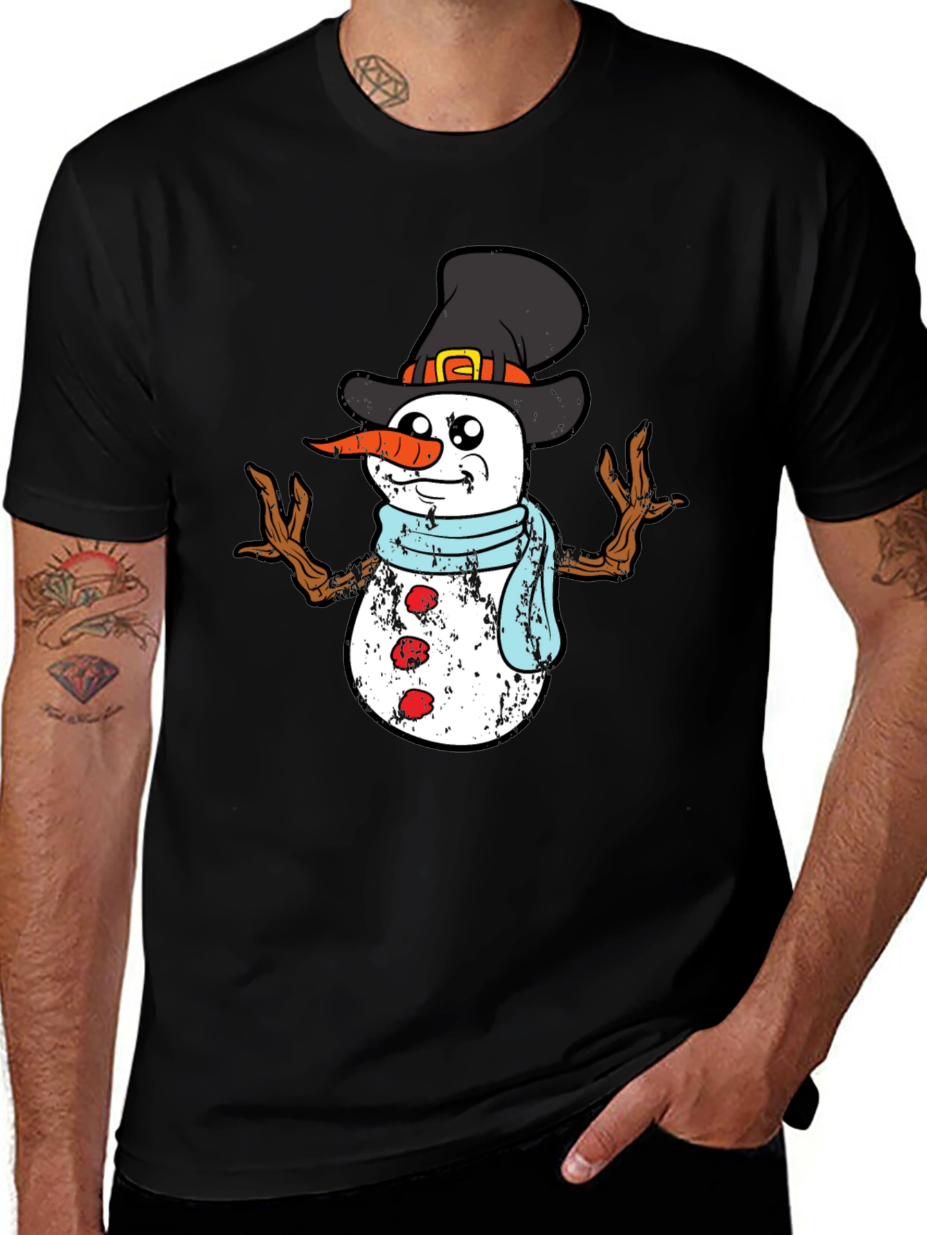 Festive Snowman Graphic Tee - Black