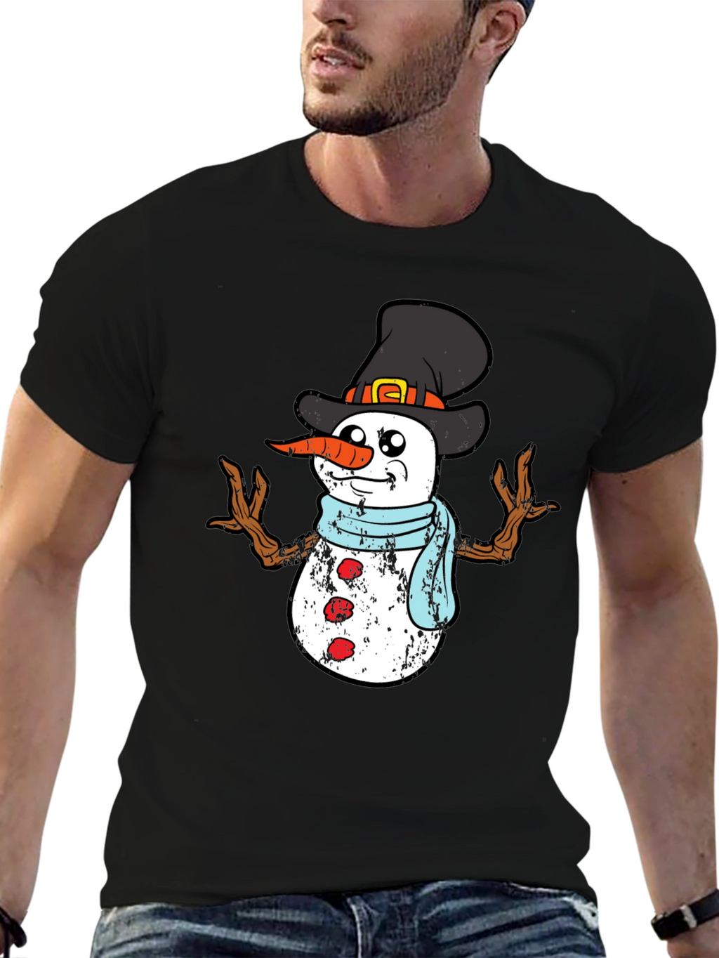 Festive Snowman Graphic Tee - Black