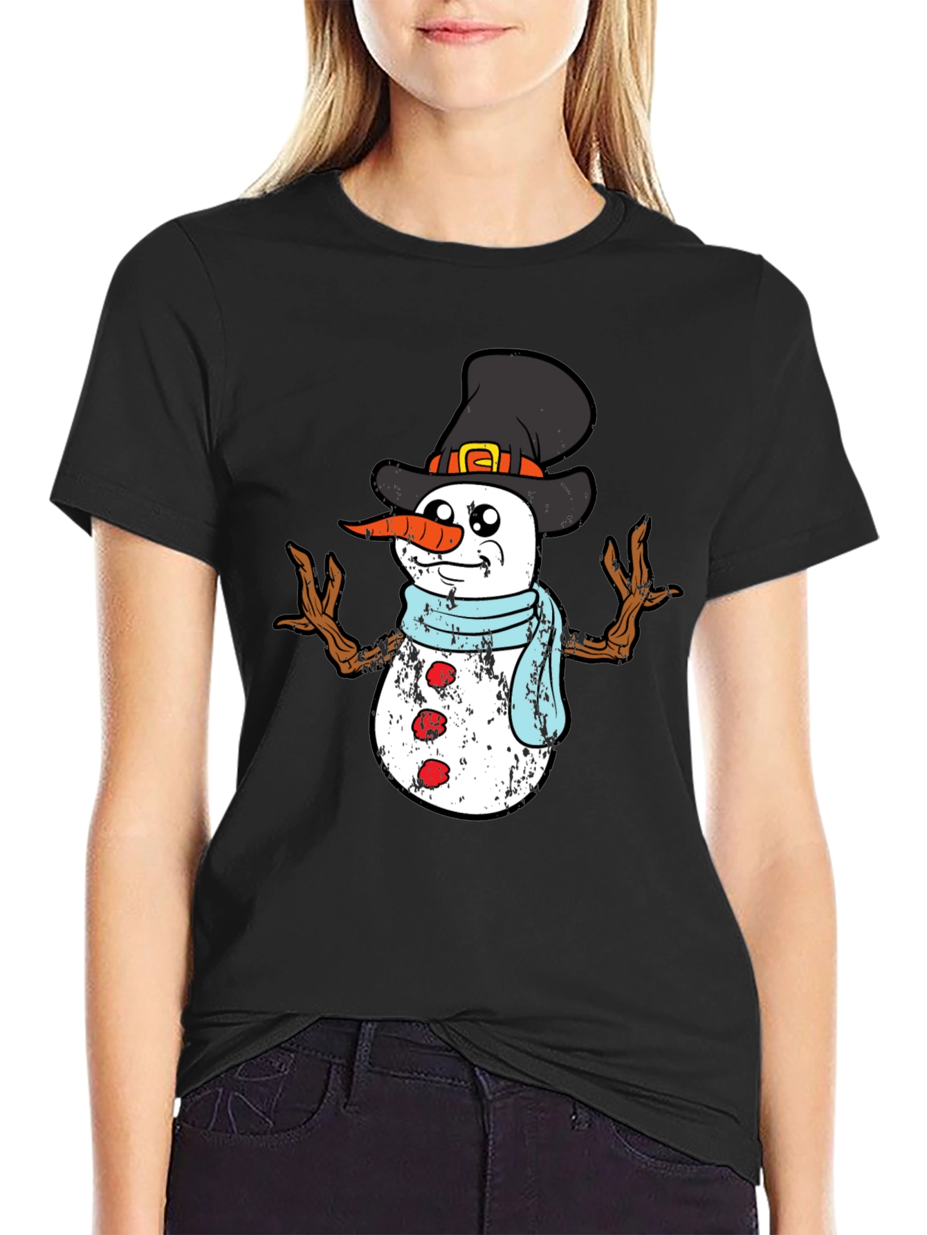 Festive Snowman Graphic Tee - Black