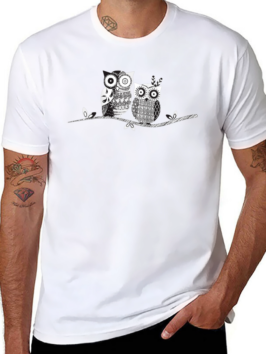 Owl Couple Graphic Print Black Tee
