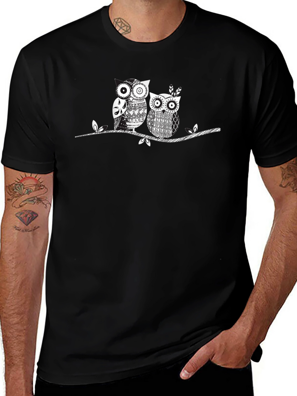 Owl Couple Graphic Print Black Tee