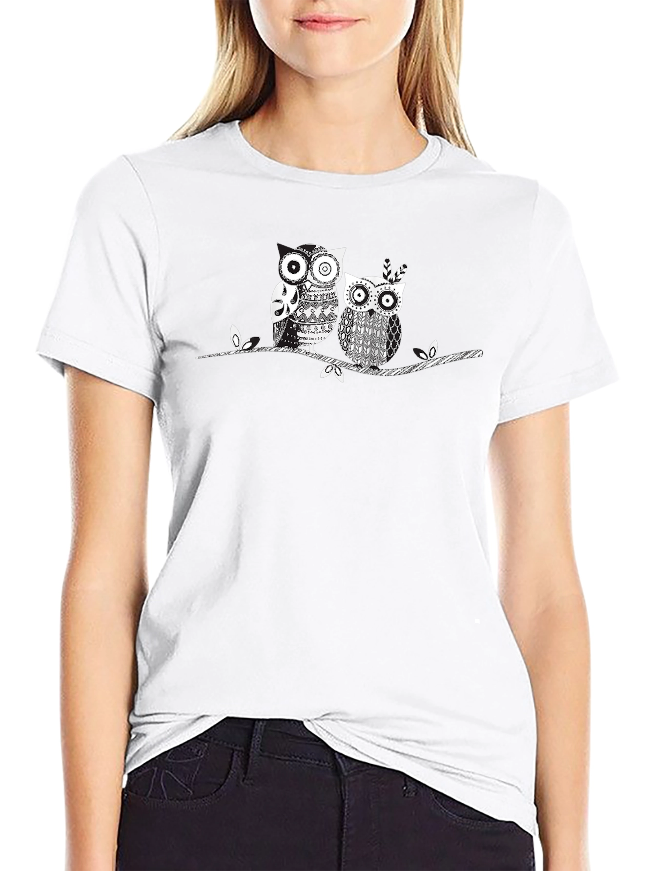 Owl Couple Graphic Print Black Tee