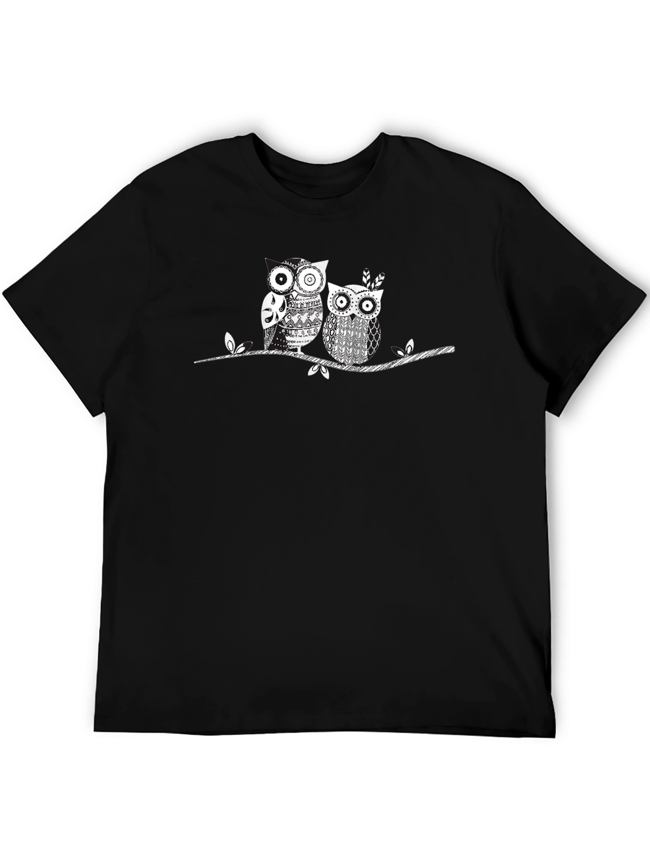 Owl Couple Graphic Print Black Tee