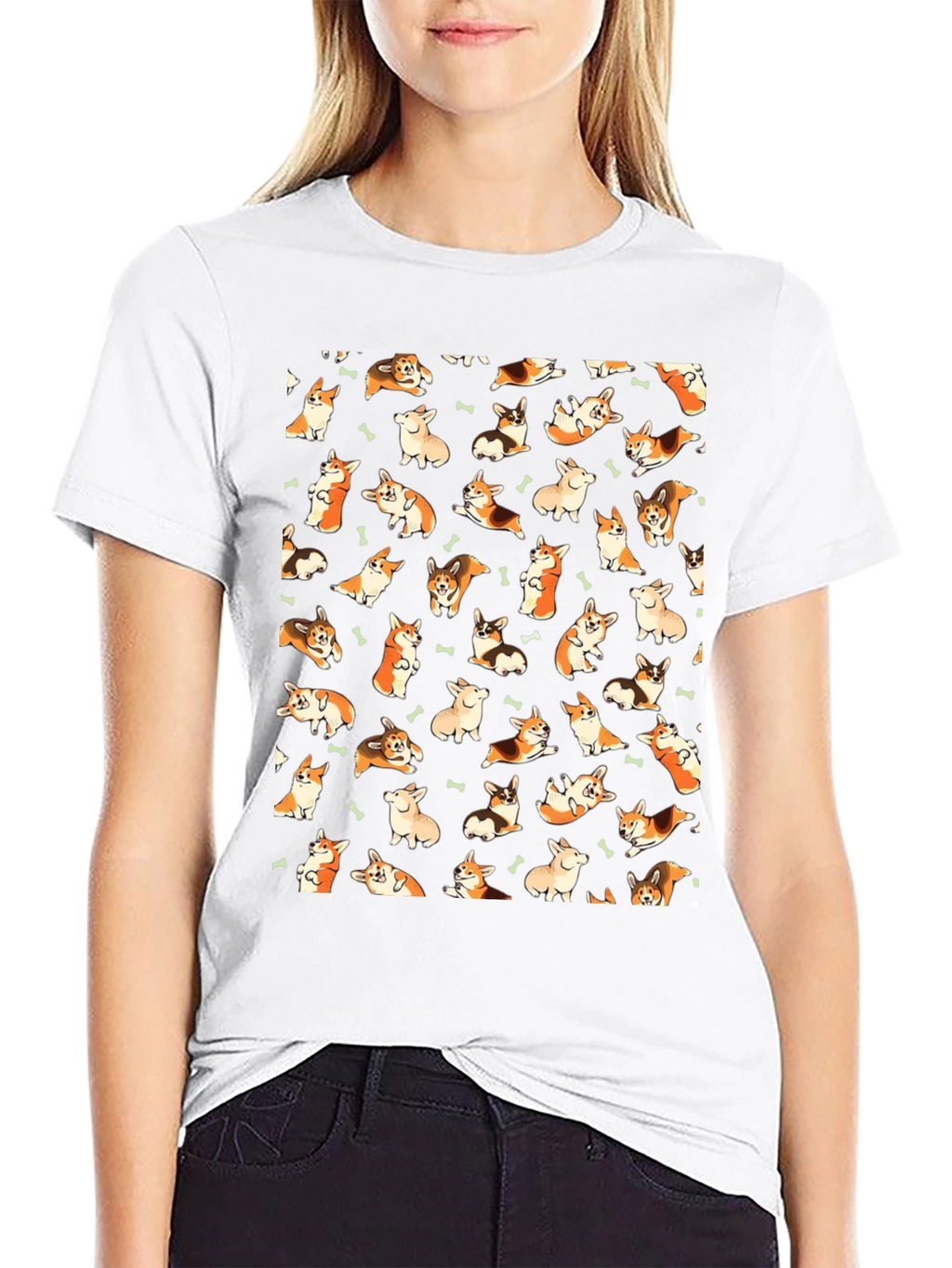 Corgi Pattern T-Shirt - Black
