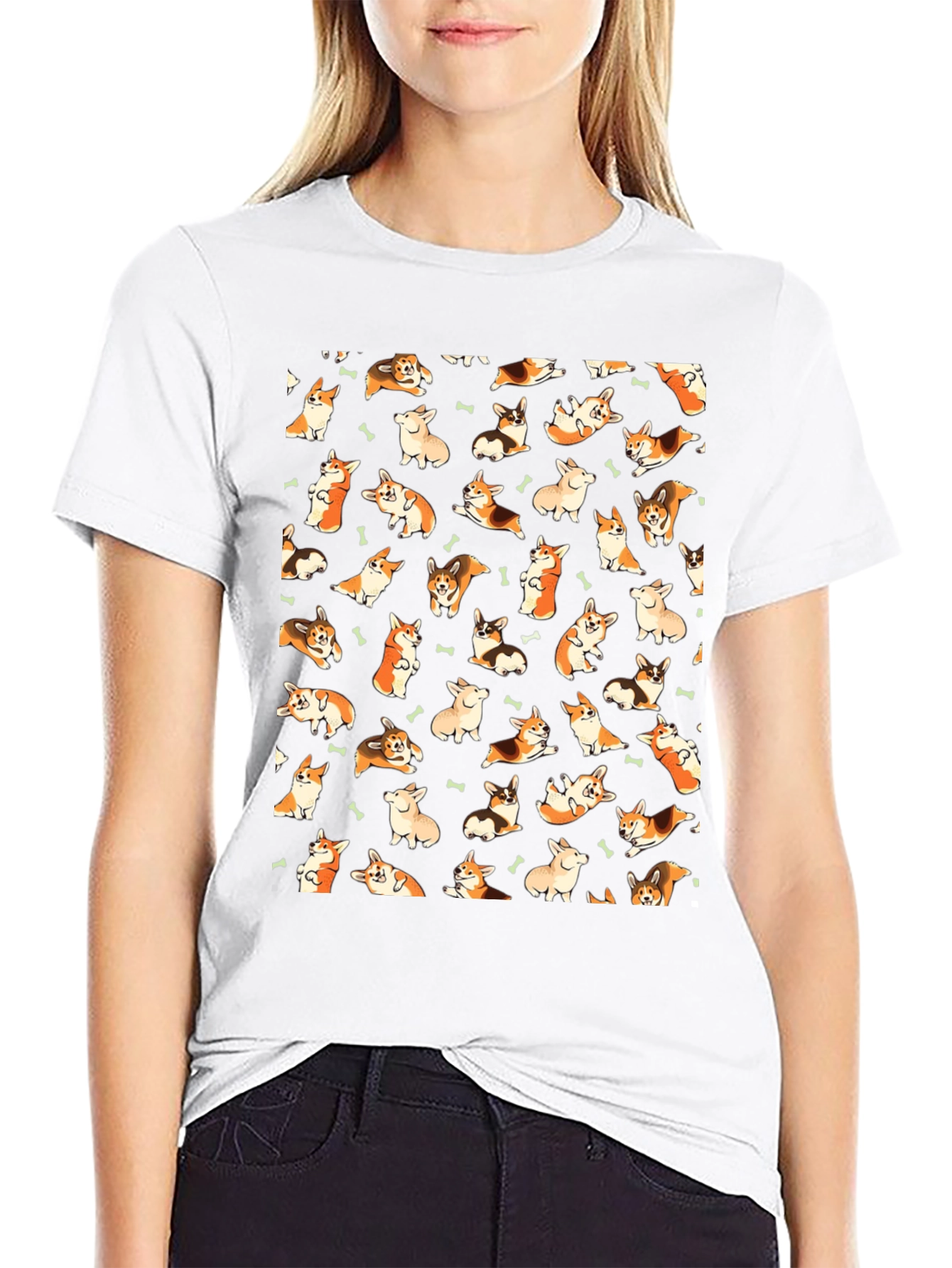 Corgi Pattern T-Shirt - Black