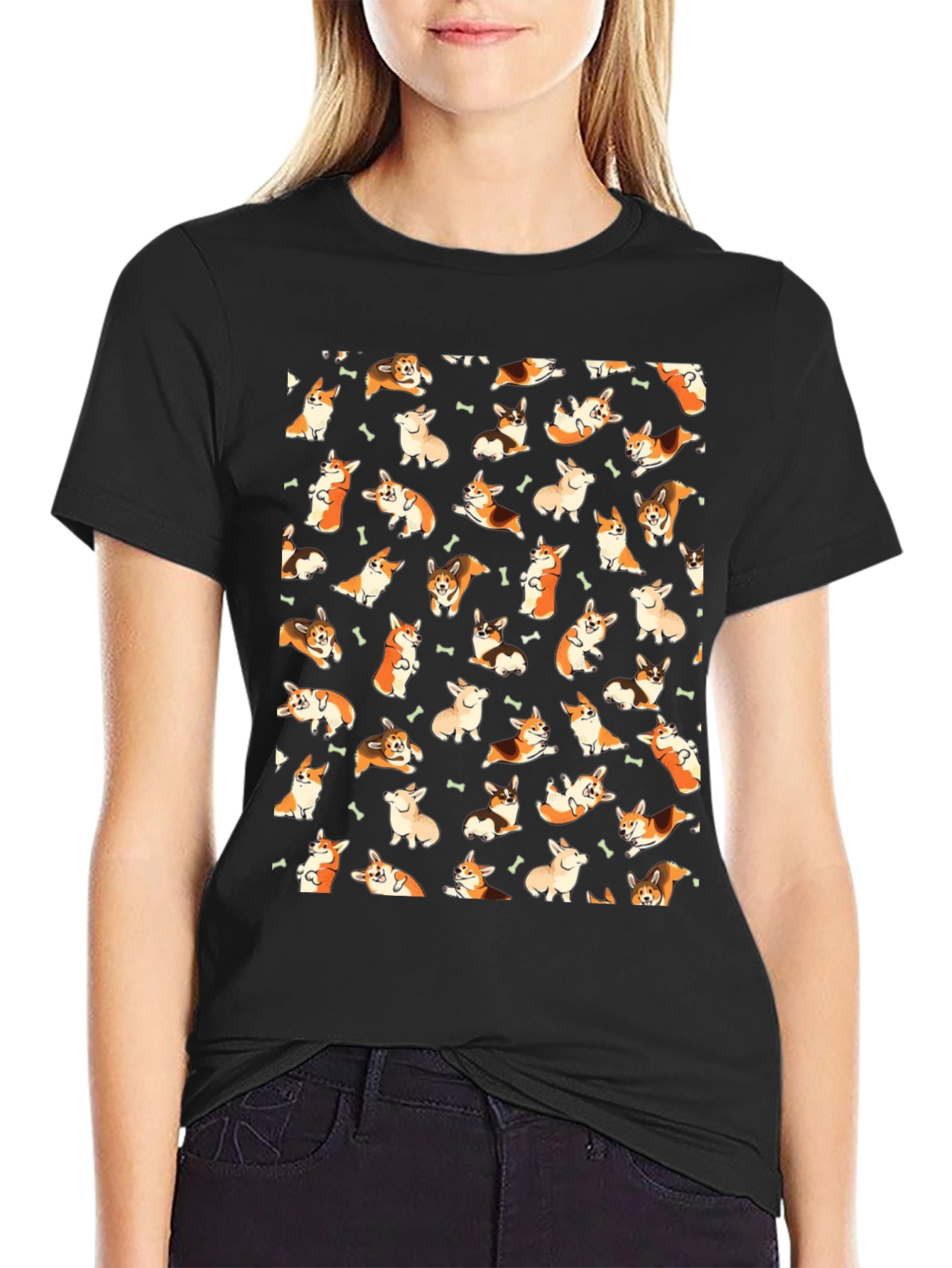 Corgi Pattern T-Shirt - Black
