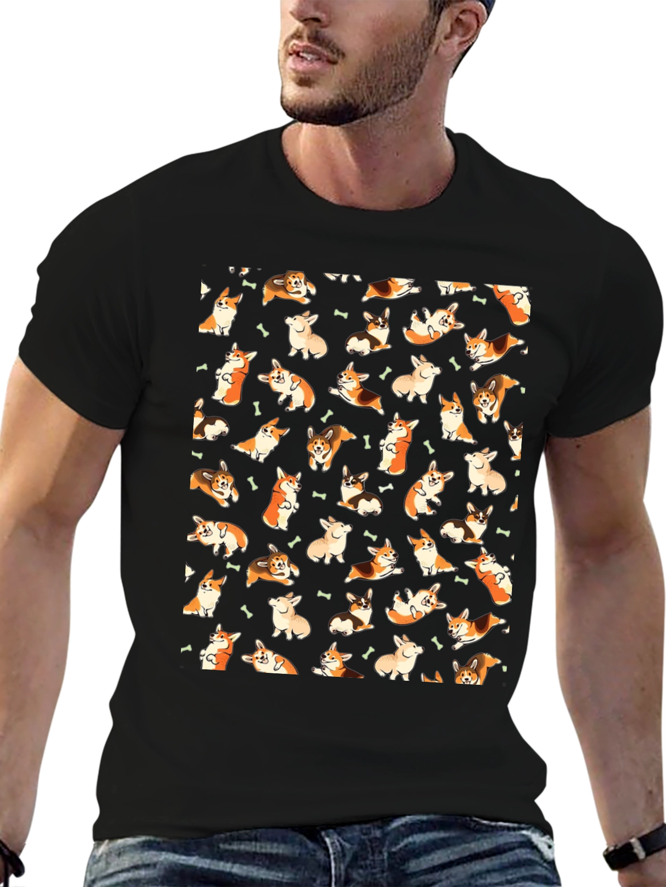 Corgi Pattern T-Shirt - Black