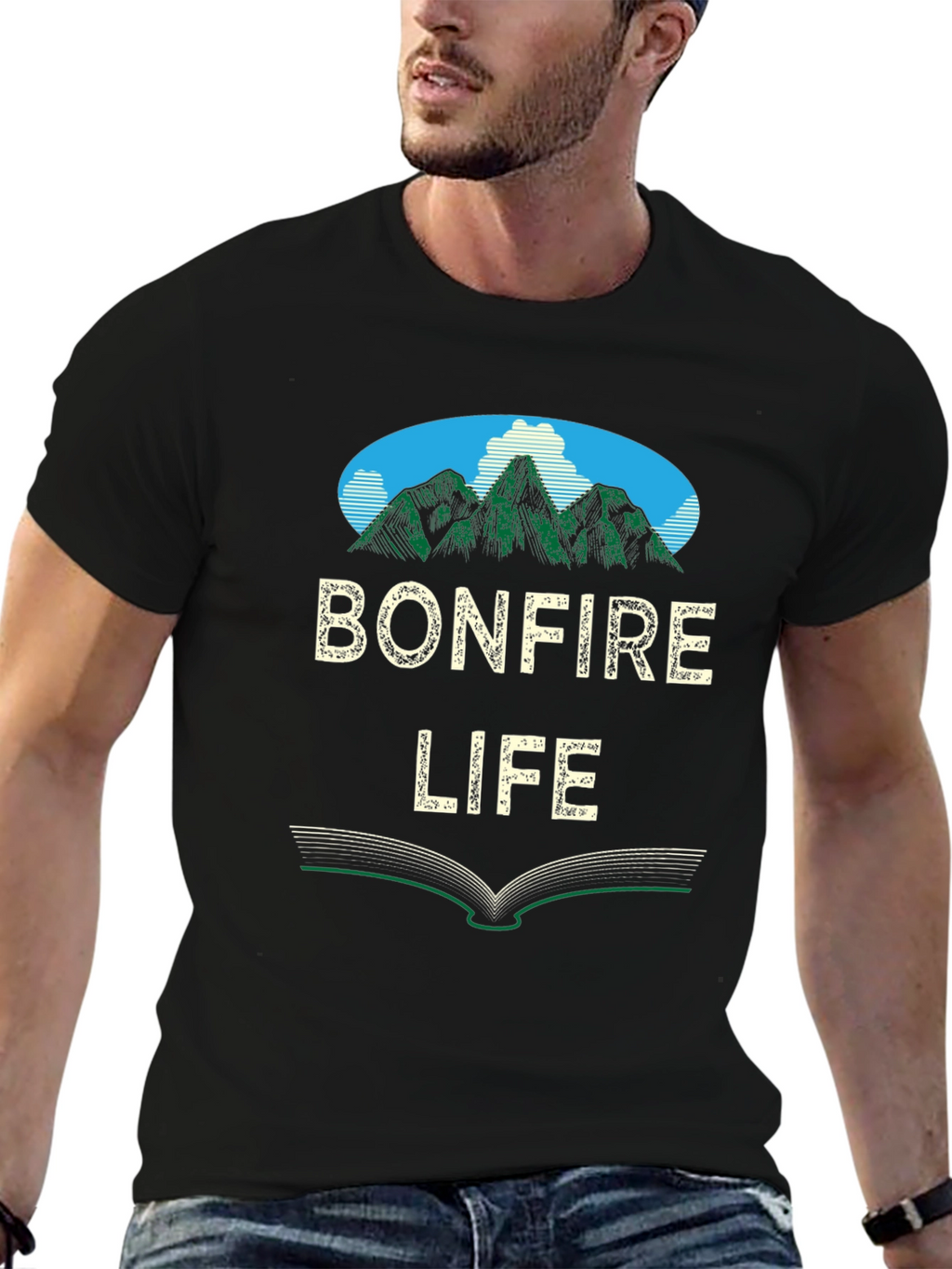 Bonfire Life Graphic T-Shirt - Mountain Scene Design