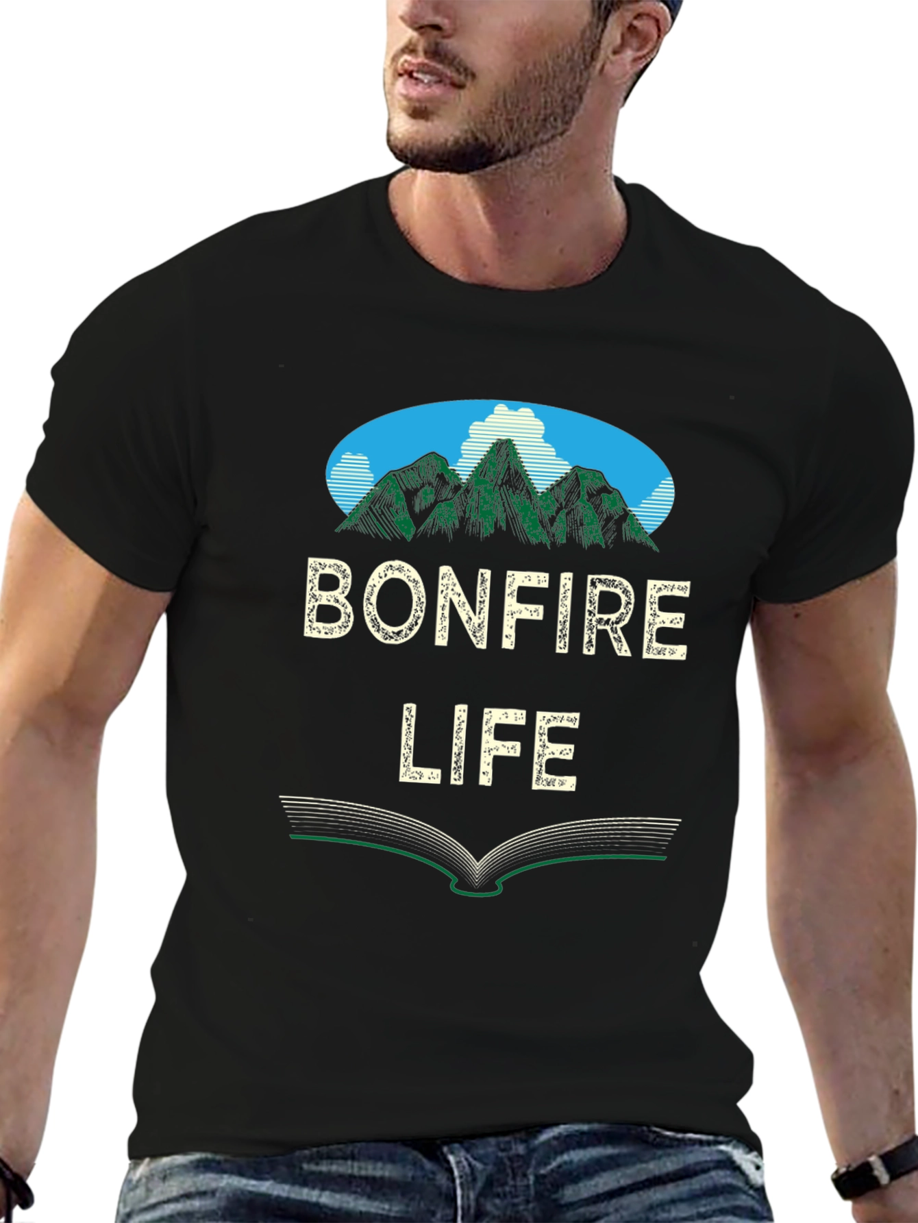 Bonfire Life Graphic T-Shirt - Mountain Scene Design