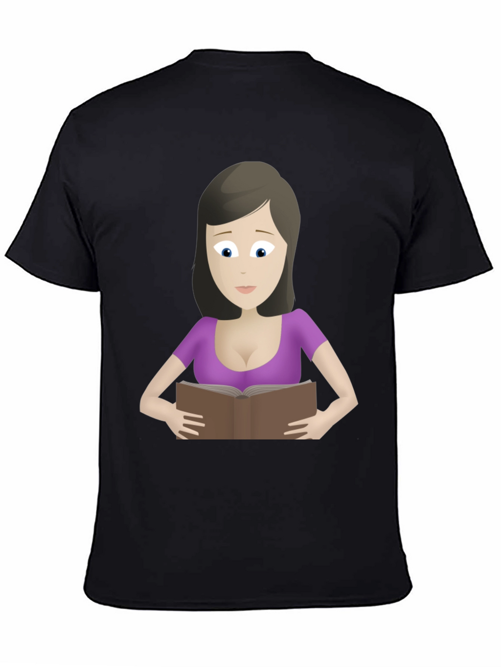 Cartoon Lady Reading Book Black T-Shirt
