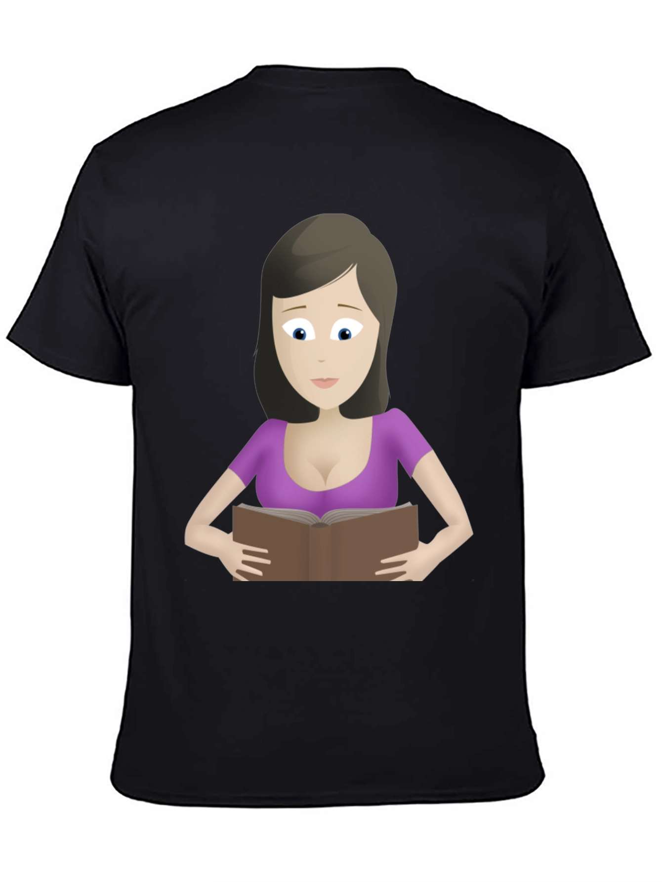 Cartoon Lady Reading Book Black T-Shirt