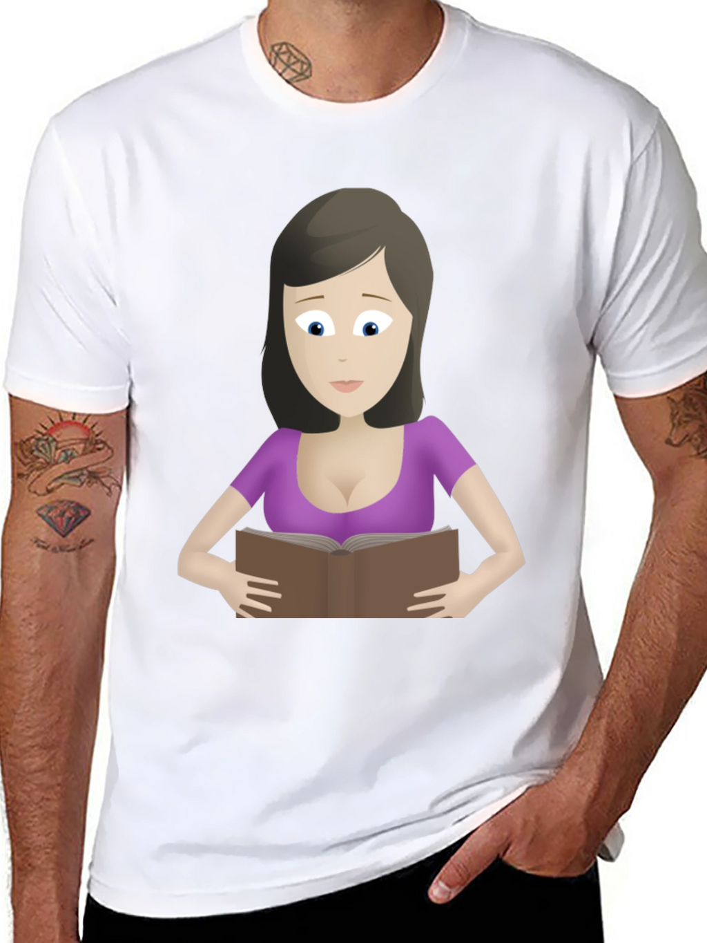 Cartoon Lady Reading Book Black T-Shirt