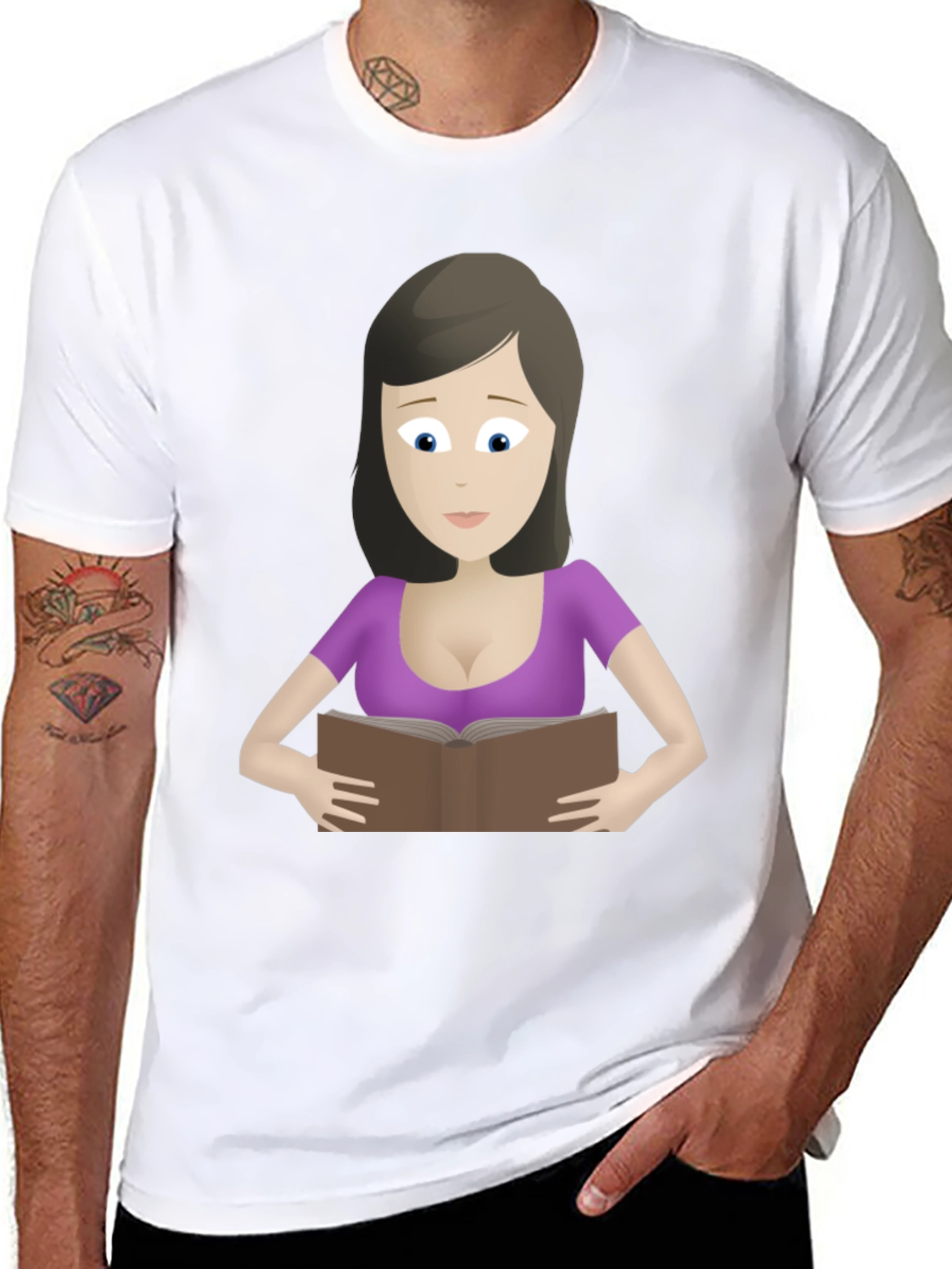Cartoon Lady Reading Book Black T-Shirt
