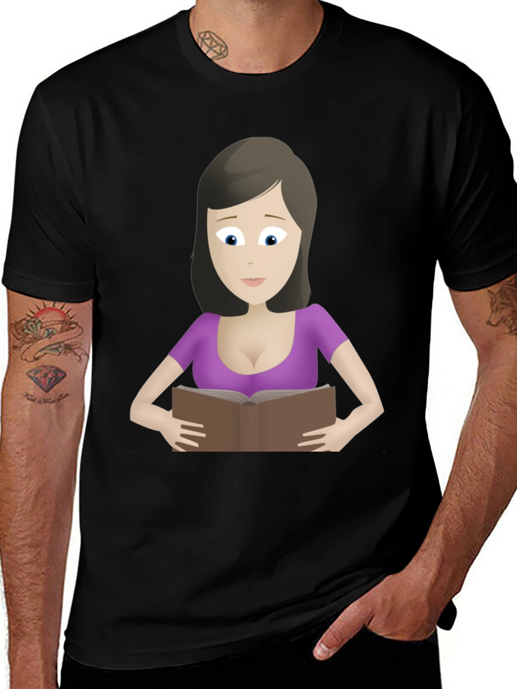 Cartoon Lady Reading Book Black T-Shirt