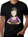 Cartoon Lady Reading Book Black T-Shirt