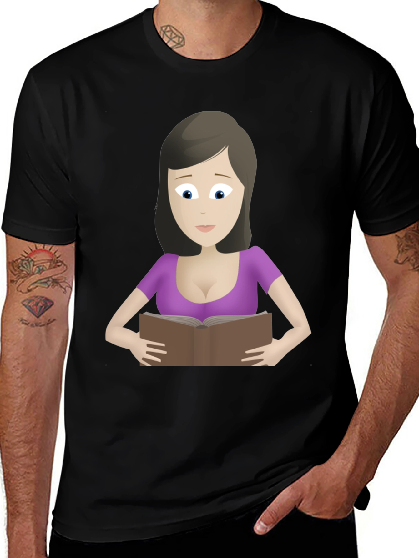 Cartoon Lady Reading Book Black T-Shirt