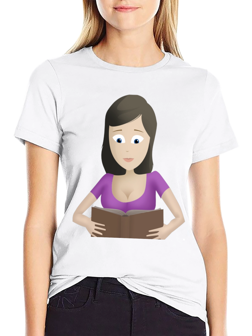 Cartoon Lady Reading Book Black T-Shirt