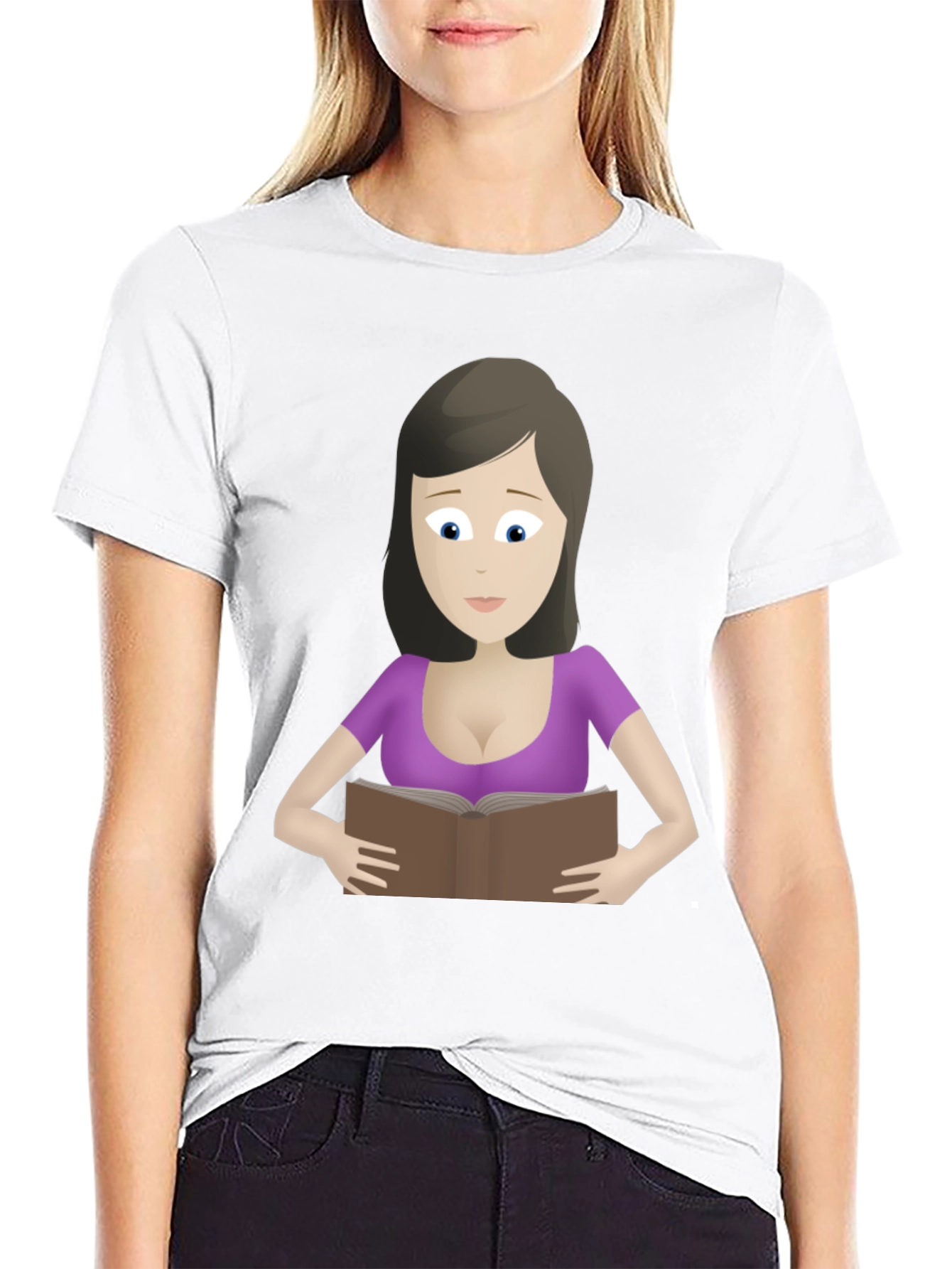 Cartoon Lady Reading Book Black T-Shirt