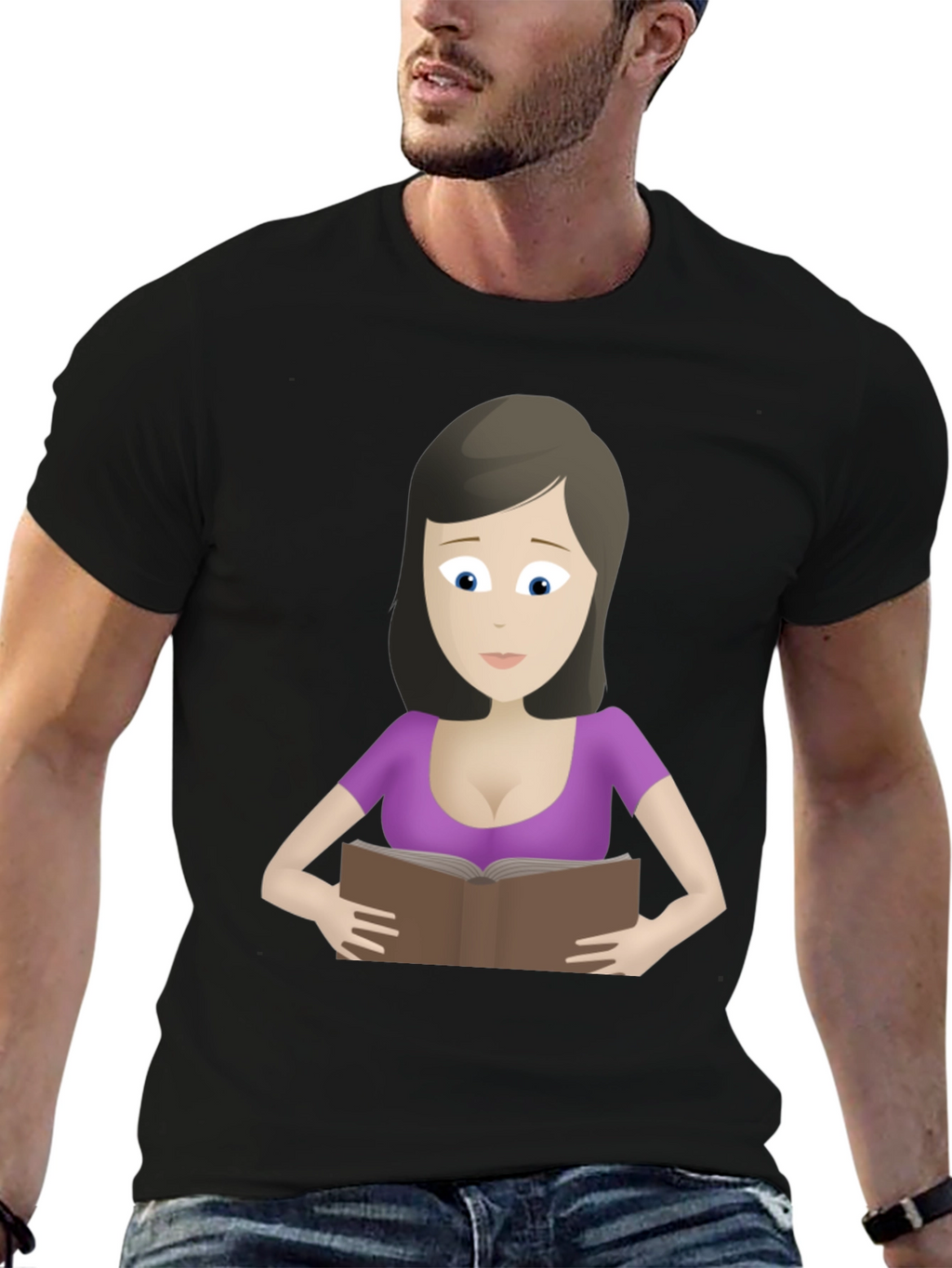 Cartoon Lady Reading Book Black T-Shirt