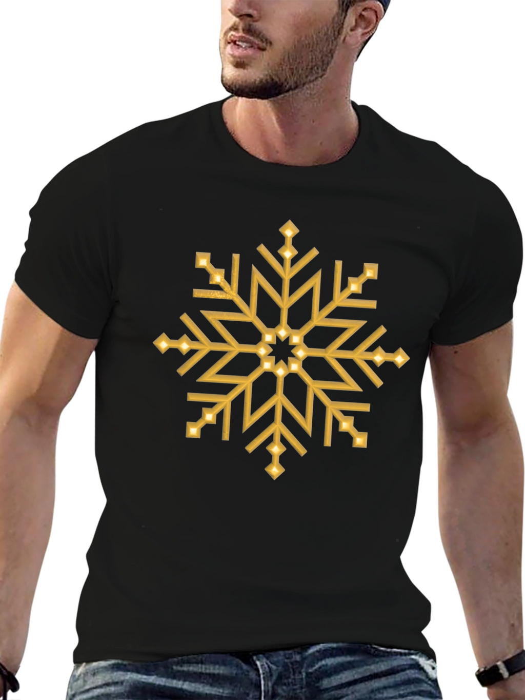 Gold Snowflake Graphic Print Black T-Shirt