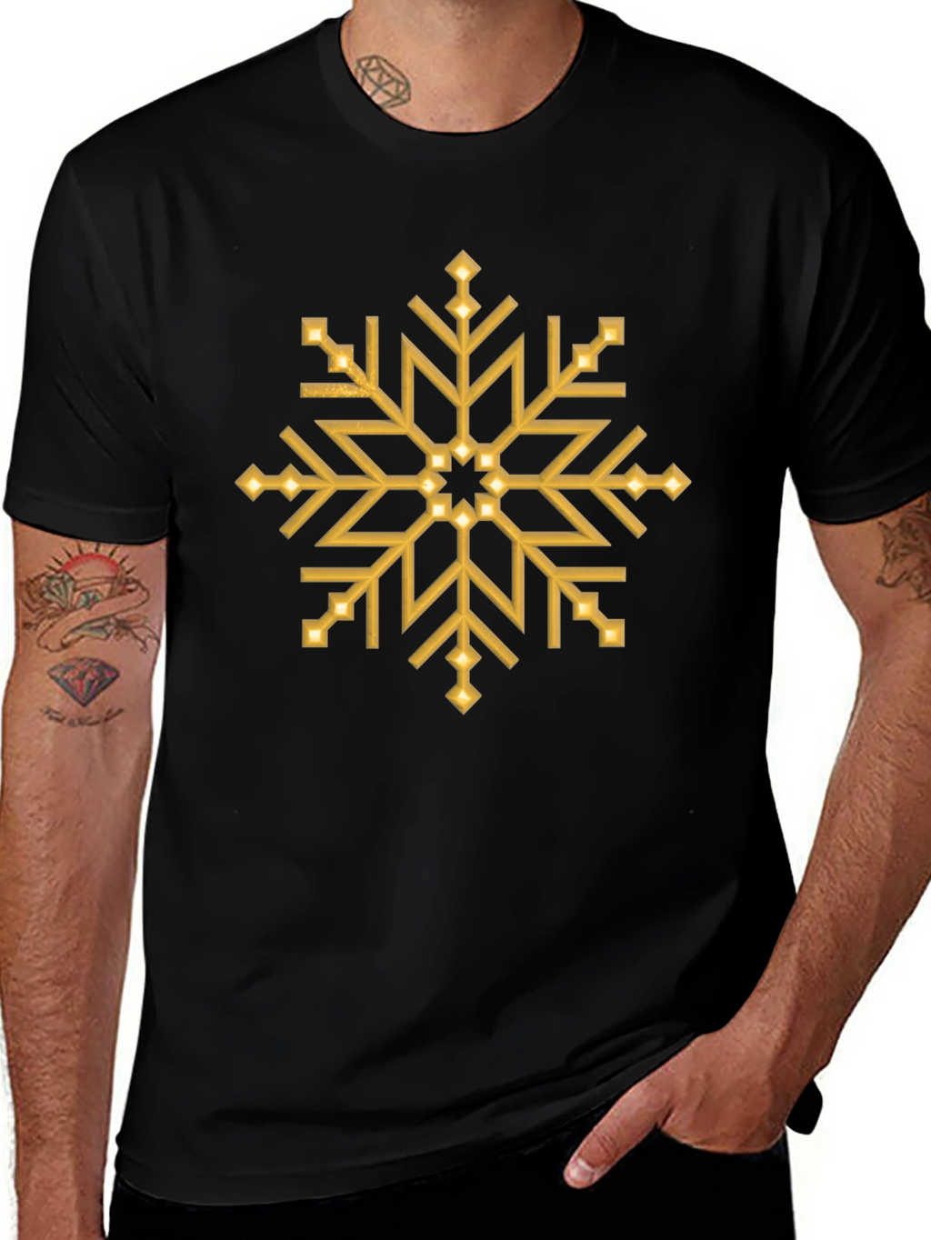 Gold Snowflake Graphic Print Black T-Shirt