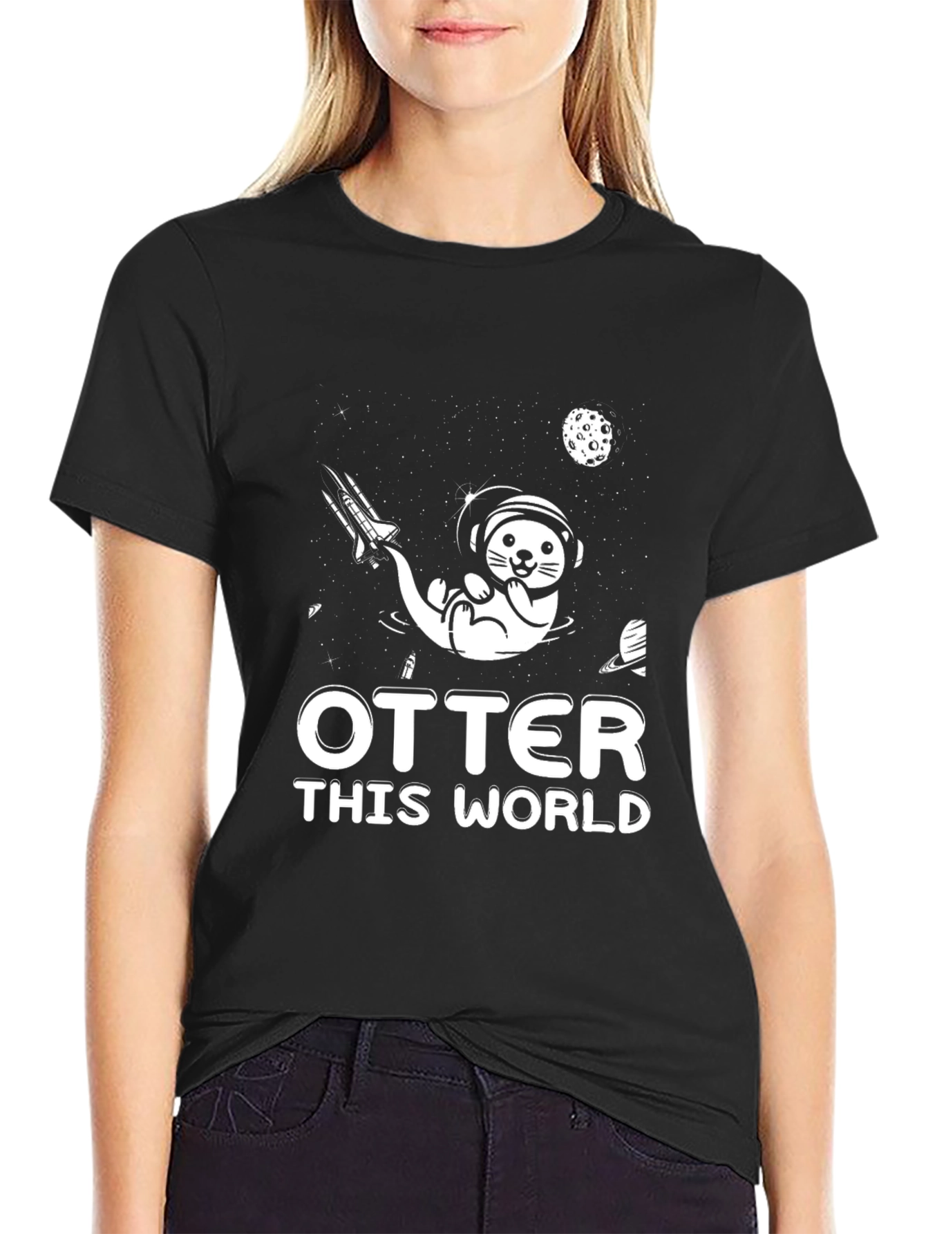 Otter This World T-Shirt Space Graphic Tee Black Cotton