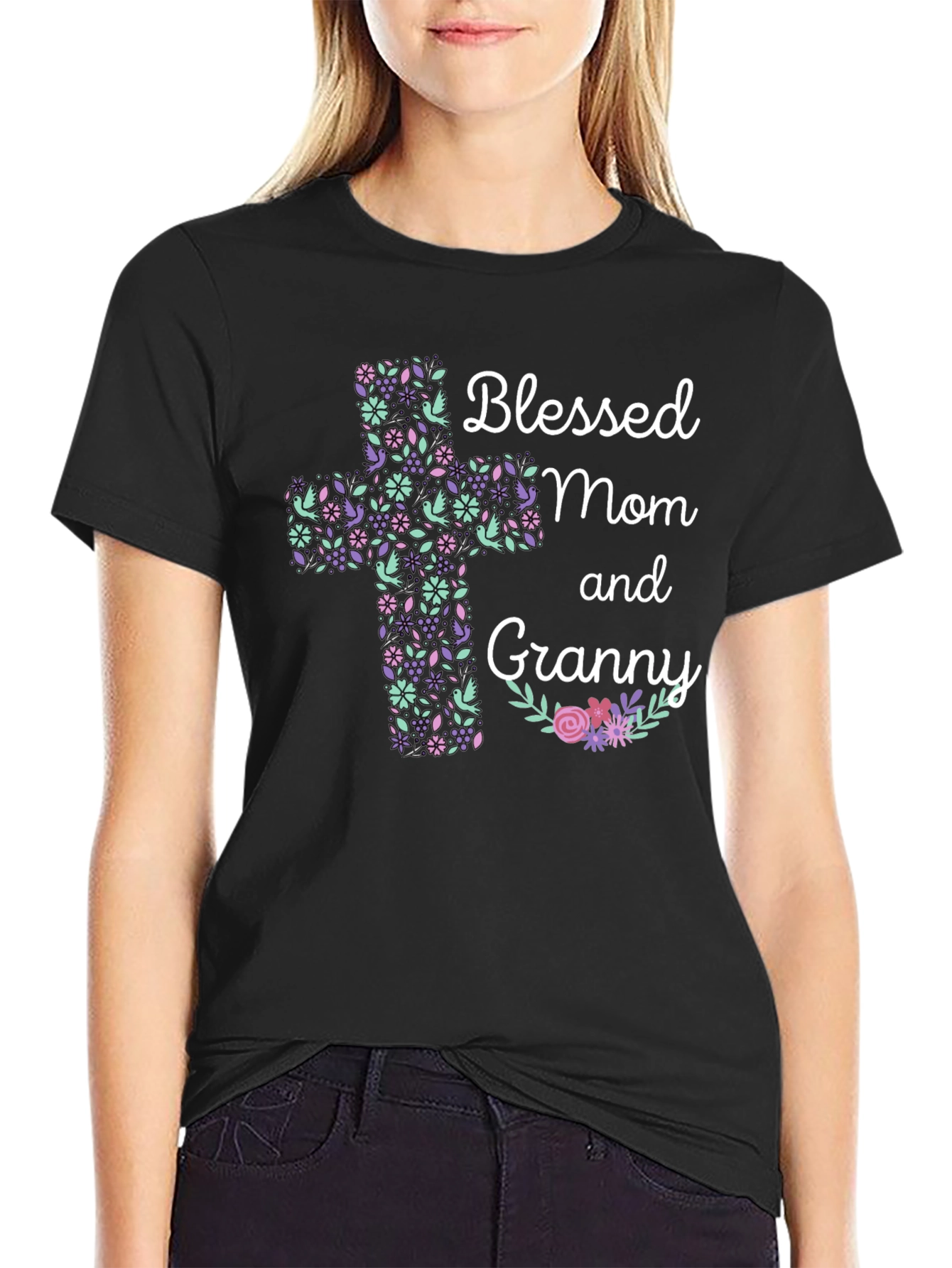 Blessed Mom and Granny Floral Cross T-Shirt