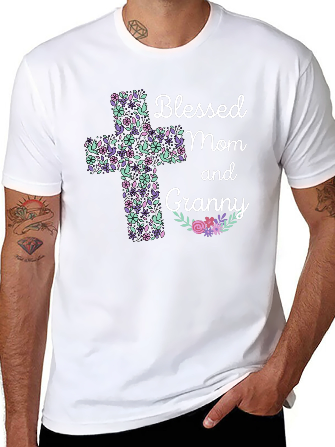 Blessed Mom and Granny Floral Cross T-Shirt