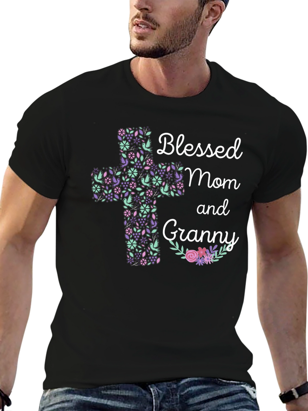 Blessed Mom and Granny Floral Cross T-Shirt