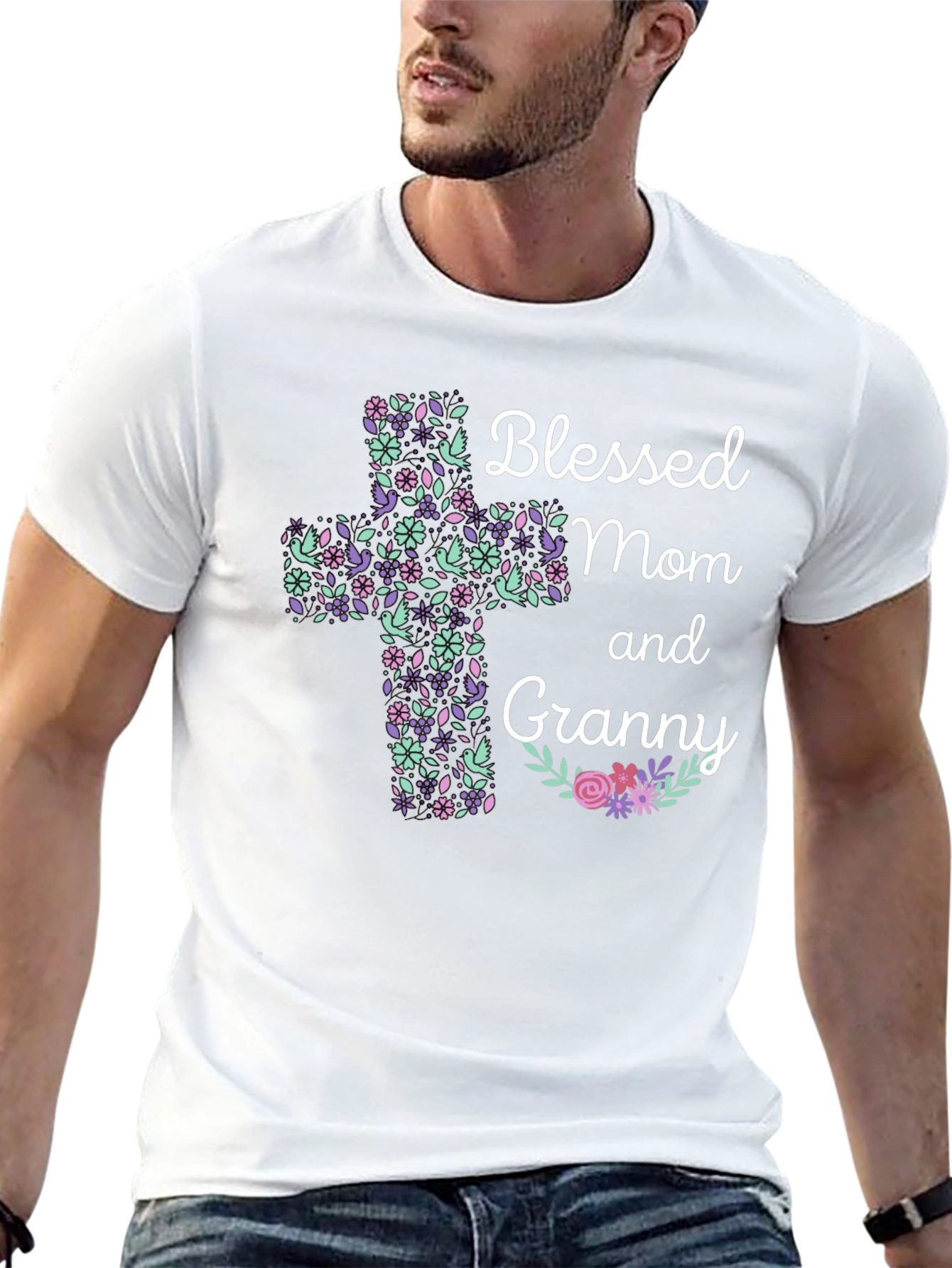 Blessed Mom and Granny Floral Cross T-Shirt