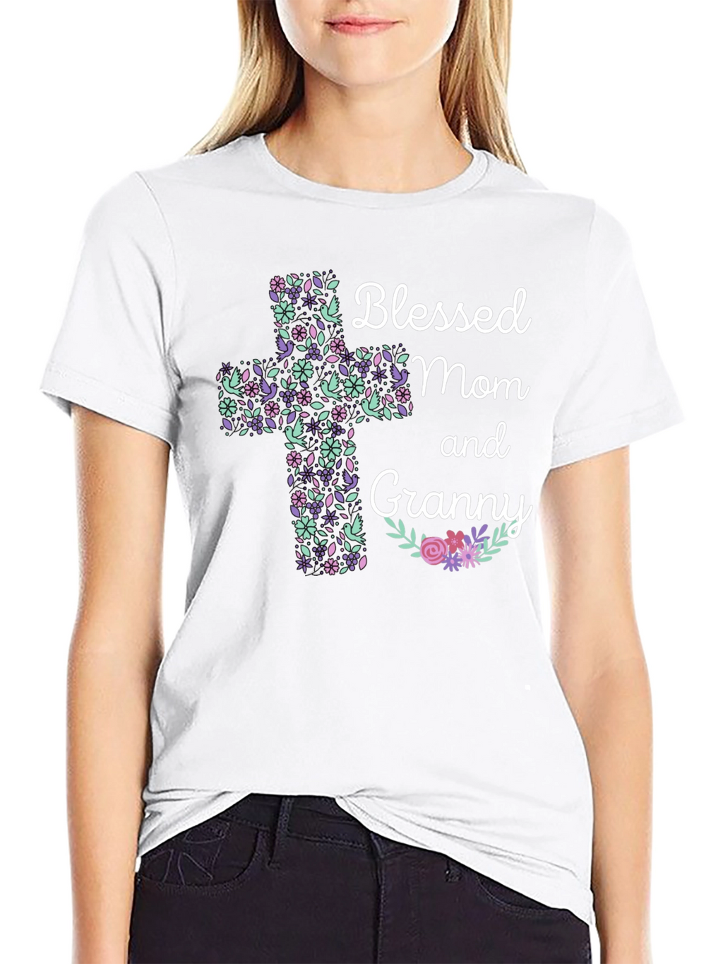 Blessed Mom and Granny Floral Cross T-Shirt