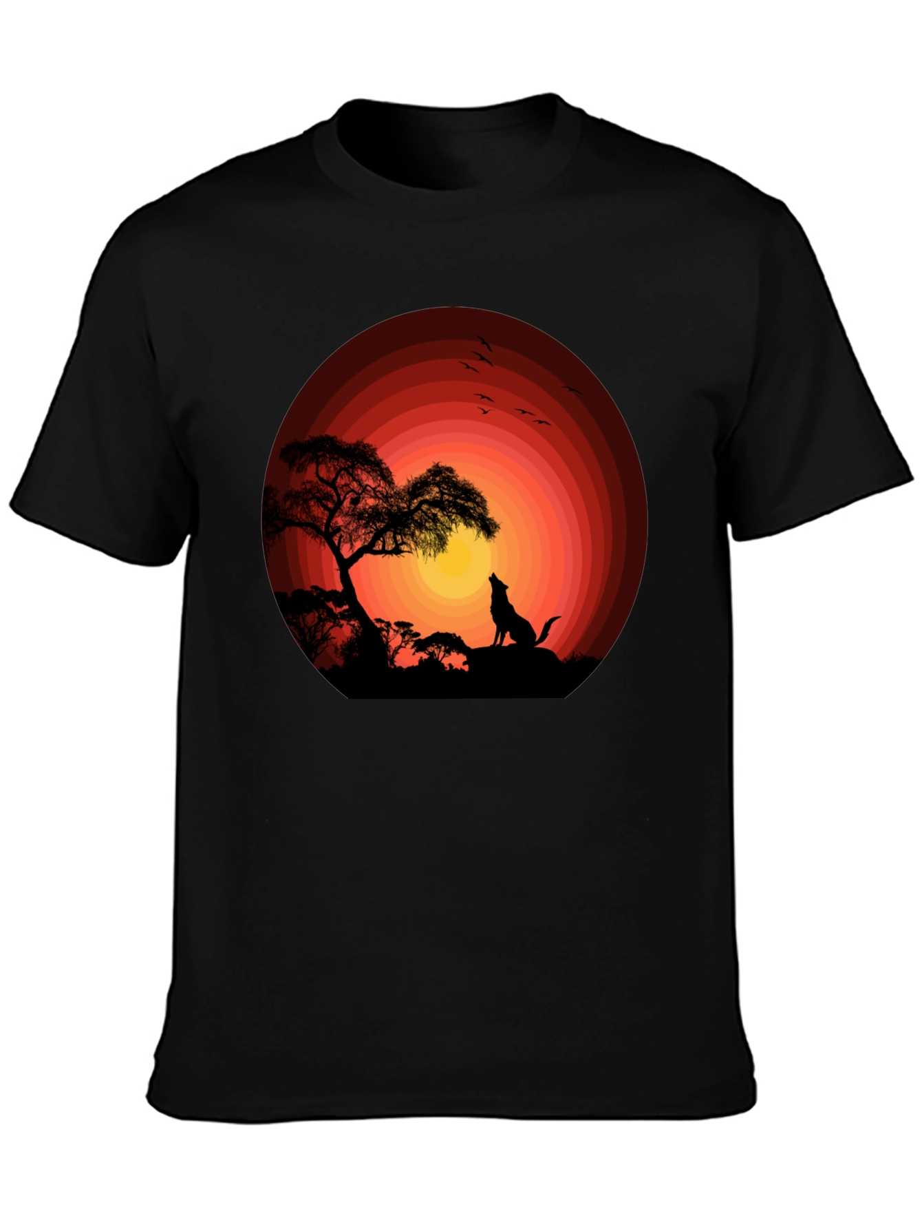 Sunset Silhouette Wolf Graphic Tee - Black Cotton Blend