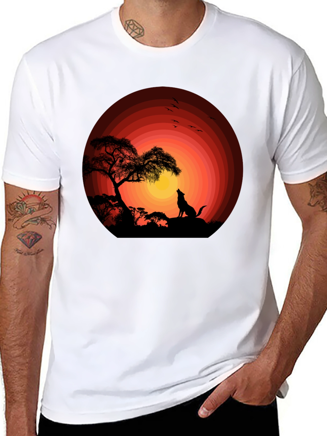 Sunset Silhouette Wolf Graphic Tee - Black Cotton Blend