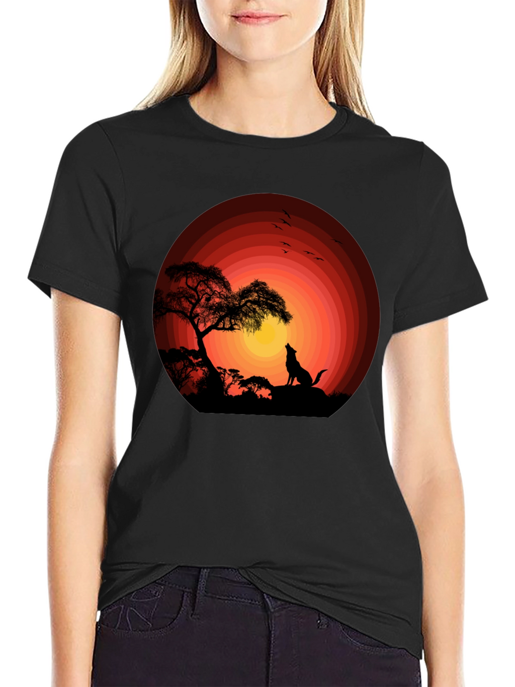 Sunset Silhouette Wolf Graphic Tee - Black Cotton Blend